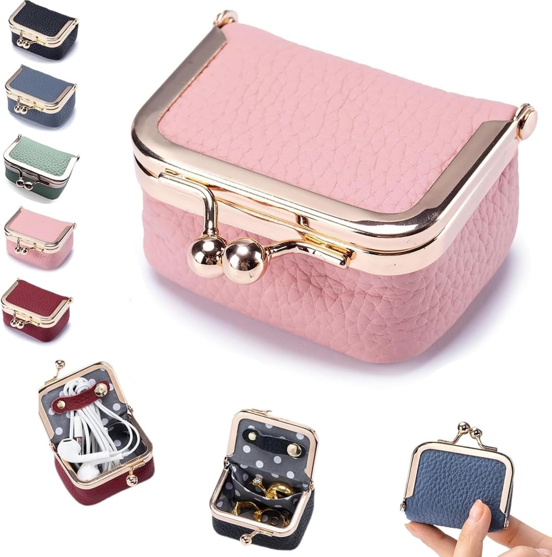 Genuine Leather Mini Jewelry Box,Mini Jewelry Organizer for Women,Portable Vintage-inspired Genuine Leather Coin Purse Jewelry Case with Kiss Lock,Mini Travel Jewelry Case Organizer (Pink) Genuine Leather Mini Jewelry Box,Mini Jewelry Organizer for Women,Portable Vintage-inspired Genuine Leather Coin Purse Jewelry Case with Kiss Lock,Mini Travel Jewelry Case Organizer (Pink)