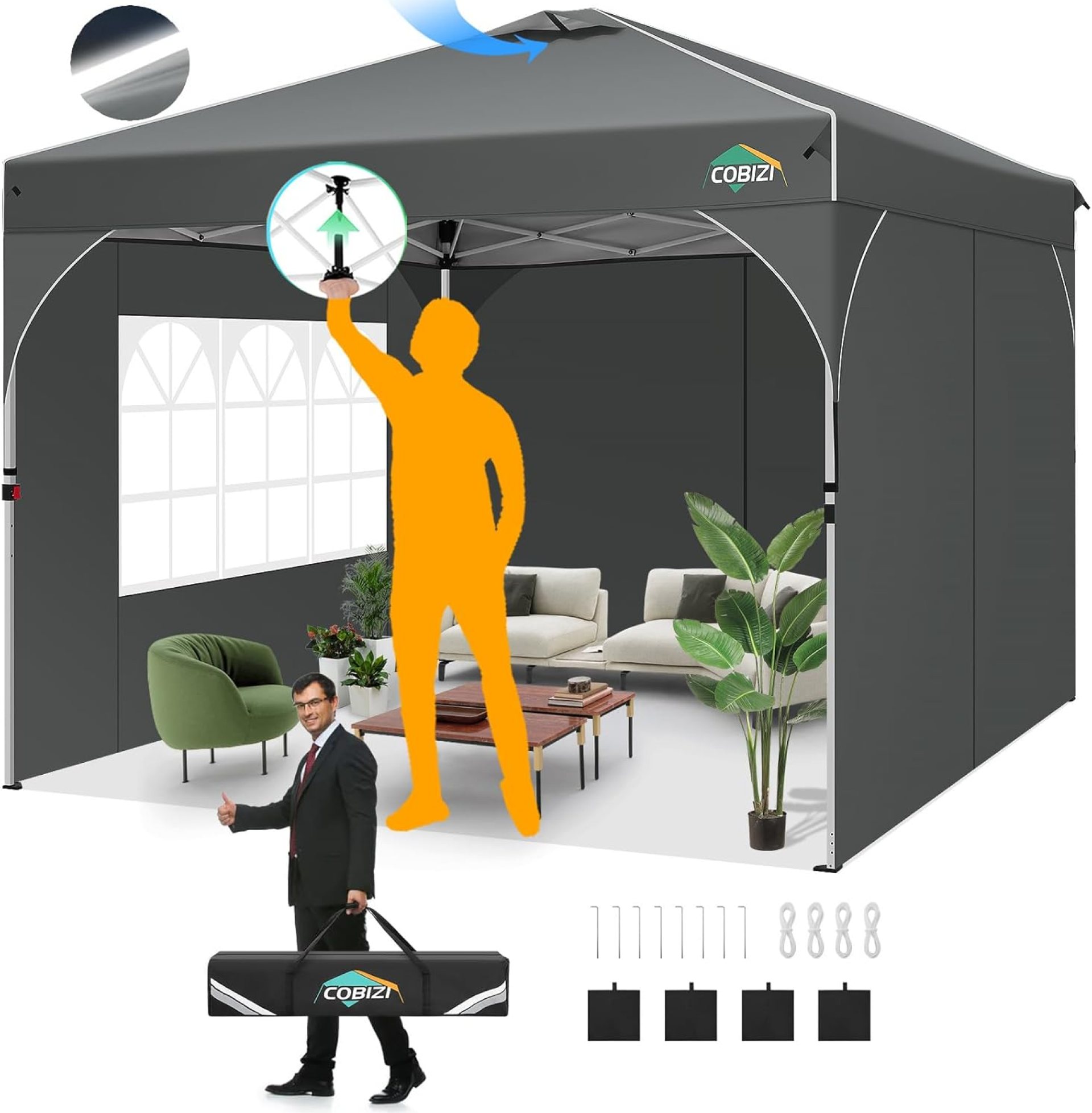 COBIZI 10×10 Pop up Canopy, Canopy Tent 10×10 with 3 Sidewalls, 1 Person Easy Set up,Tents for Parties, Outdoor Canopy with Fluorescent Strip & 4 Sandbags, Waterproof, 3 Adjustable Height(Grey) COBIZI 10×10 Pop up Canopy, Canopy Tent 10×10 with 3 Sidewalls, 1 Person Easy Set up,Tents for Parties, Outdoor Canopy with Fluorescent Strip & 4 Sandbags, Waterproof, 3 Adjustable Height(Grey)