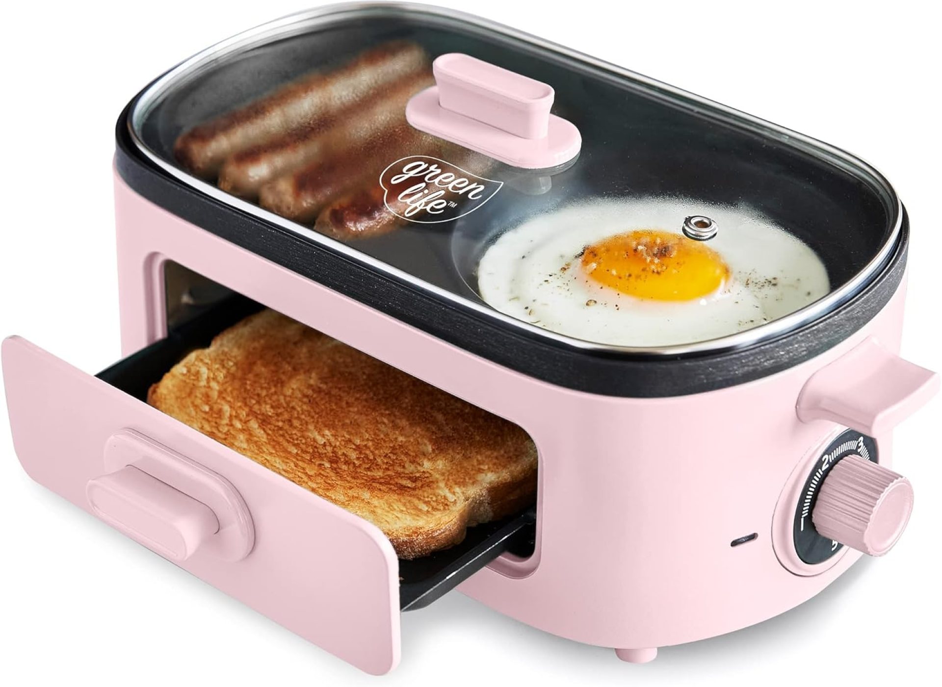 GreenLife 3-in-1 Breakfast Station, Ceramic Nonstick Dual Griddles for Eggs, Meat, Pancakes & Sandwiches + 2-Slice Toast Drawer, Healthy Cooking, Timer, Versatile Morning Meal Maker, Pink GreenLife 3-in-1 Breakfast Station, Ceramic Nonstick Dual Griddles for Eggs, Meat, Pancakes & Sandwiches + 2-Slice Toast Drawer, Healthy Cooking, Timer, Versatile Morning Meal Maker, Pink