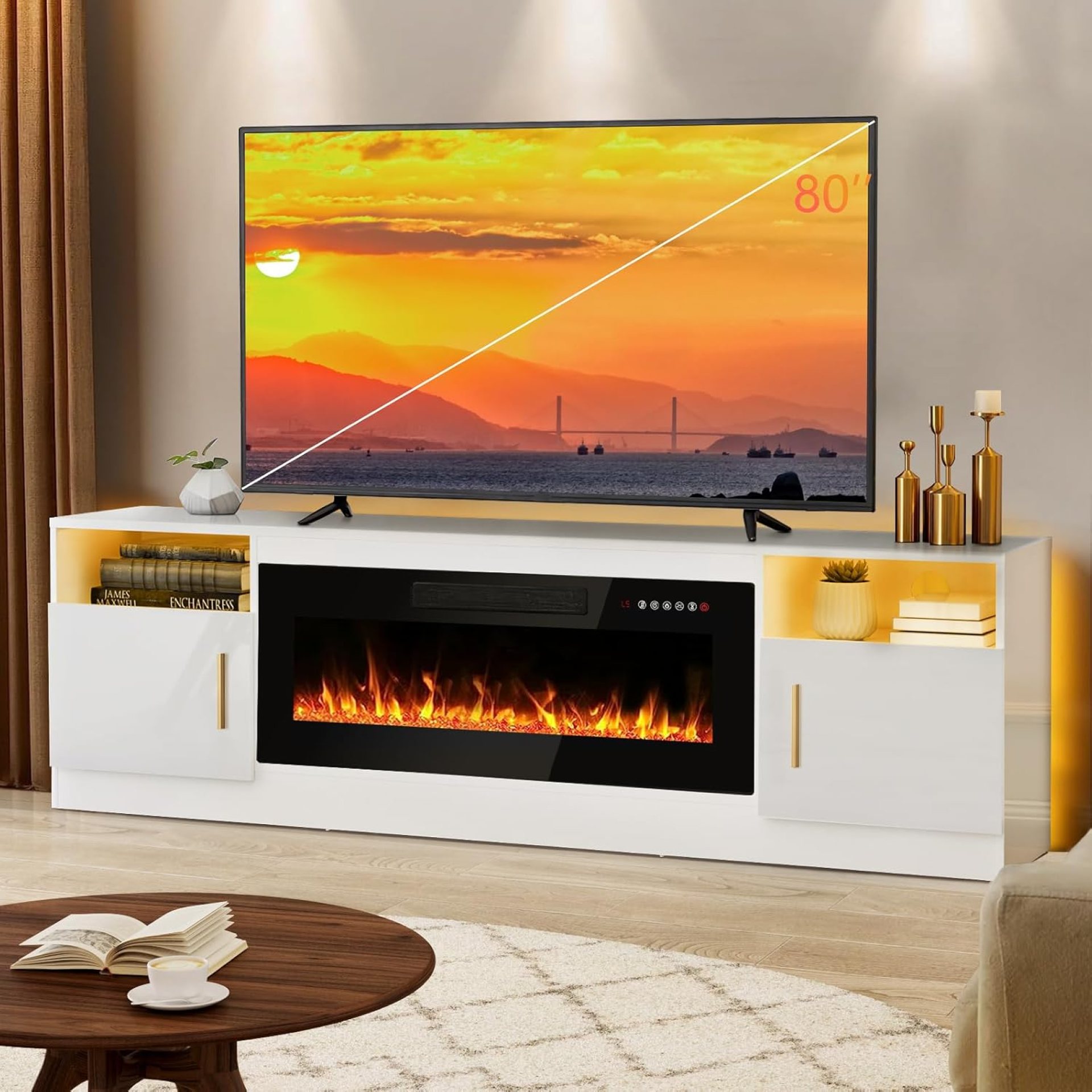 Lemberi Fireplace tv Stand with 36 inch Fireplace Up to 80″ TVs,LED Light Entertainment Center and Storage, 70″ Modern Wood Media TV Console with Highlight Cabinet for Living Room (White) Lemberi Fireplace tv Stand with 36 inch Fireplace Up to 80″ TVs,LED Light Entertainment Center and Storage, 70″ Modern Wood Media TV Console with Highlight Cabinet for Living Room (White)