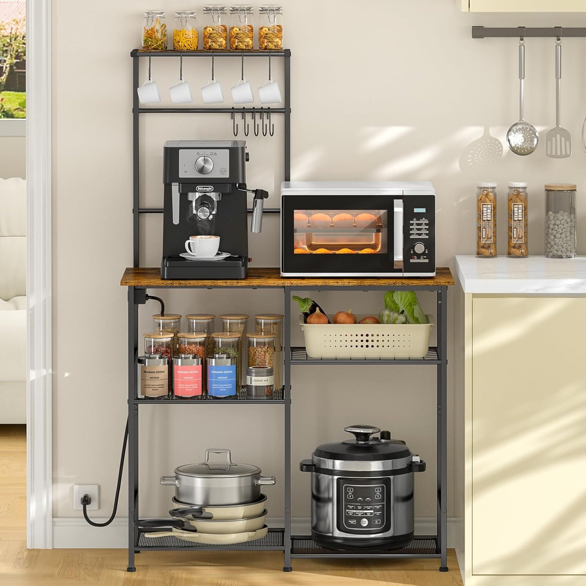 Bakers Rack with Power Outlet, Kitchen Microwave Stand with 10 S-Shaped Hooks, 6-Tier Coffee Bar Station, Kitchen Storage Shelf Rack for Spices, Pots, Rustic Brown Bakers Rack with Power Outlet, Kitchen Microwave Stand with 10 S-Shaped Hooks, 6-Tier Coffee Bar Station, Kitchen Storage Shelf Rack for Spices, Pots, Rustic Brown