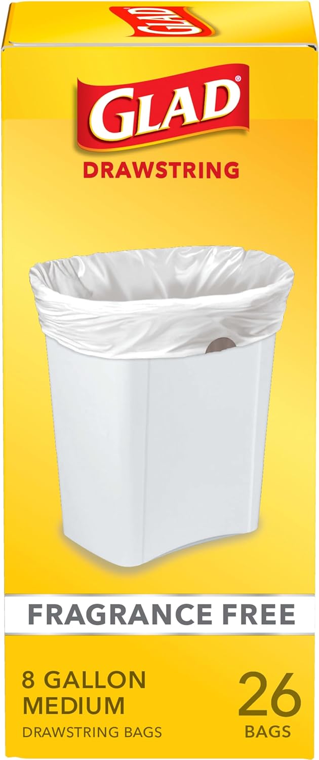 Glad Trash Bags, Medium Drawstring Garbage Bags, 8 Gallon, White, Fragrance Free, 26 Count, Pack May Vary Glad Trash Bags, Medium Drawstring Garbage Bags, 8 Gallon, White, Fragrance Free, 26 Count, Pack May Vary