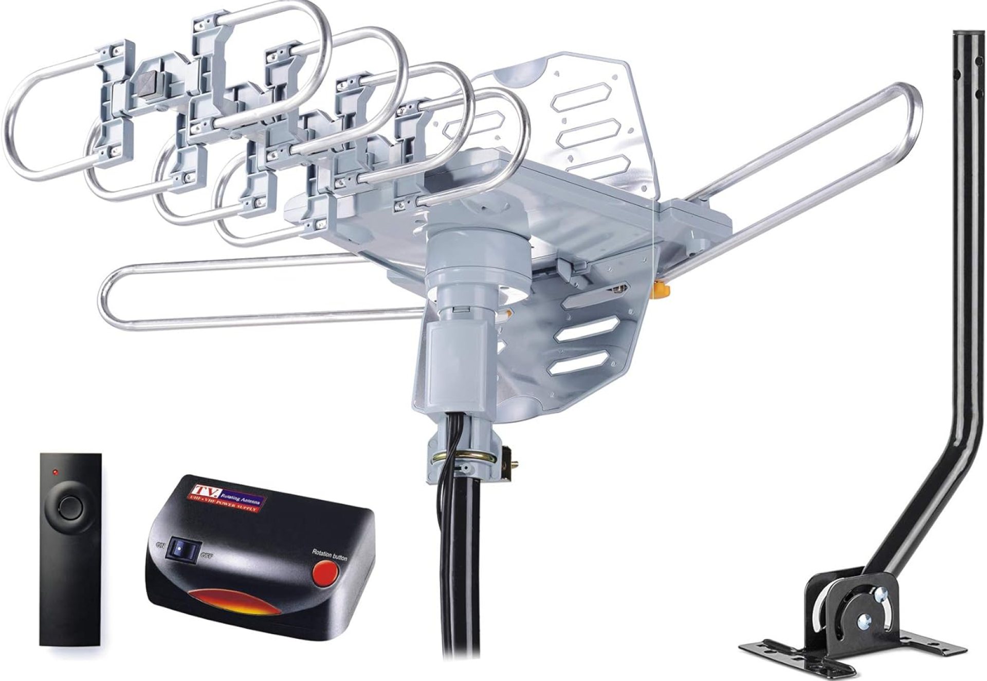 PBD WA-2608 Amplified Outdoor TV Antenna – Long Range with UHF/VHF, 360° Motorized Rotation, Remote Control, Mounting Pole, and 40FT RG6 Cable – Supports 4K, 1080P, Smart and Older TVs (2 Outputs) PBD WA-2608 Amplified Outdoor TV Antenna – Long Range with UHF/VHF, 360° Motorized Rotation, Remote Control, Mounting Pole, and 40FT RG6 Cable – Supports 4K, 1080P, Smart and Older TVs (2 Outputs)