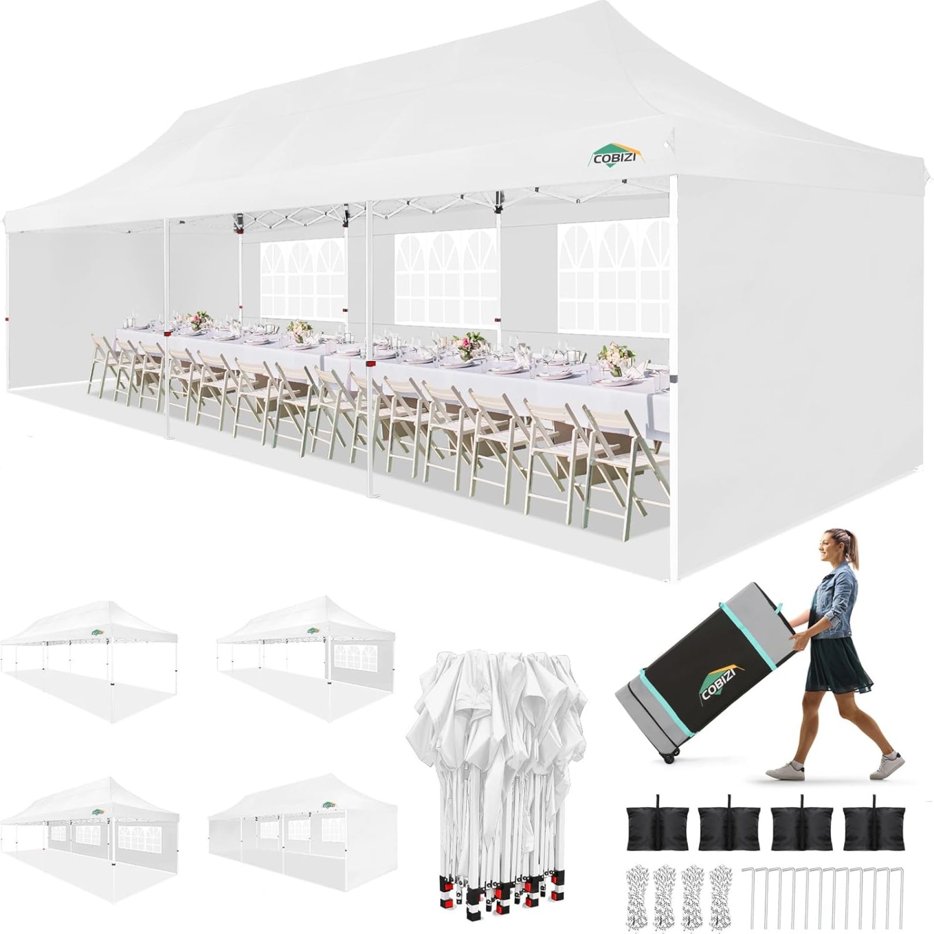 COBIZI 10×30 Pop up Canopy with 5 Sidewalls, Canopy Tent for Parties, Wedding, and Commercials, Waterproof and Instant Shelter UV50+ Ez Outdoor Canopy Gazebo with Roller Bag & 4 Sandbags(White) COBIZI 10×30 Pop up Canopy with 5 Sidewalls, Canopy Tent for Parties, Wedding, and Commercials, Waterproof and Instant Shelter UV50+ Ez Outdoor Canopy Gazebo with Roller Bag & 4 Sandbags(White)