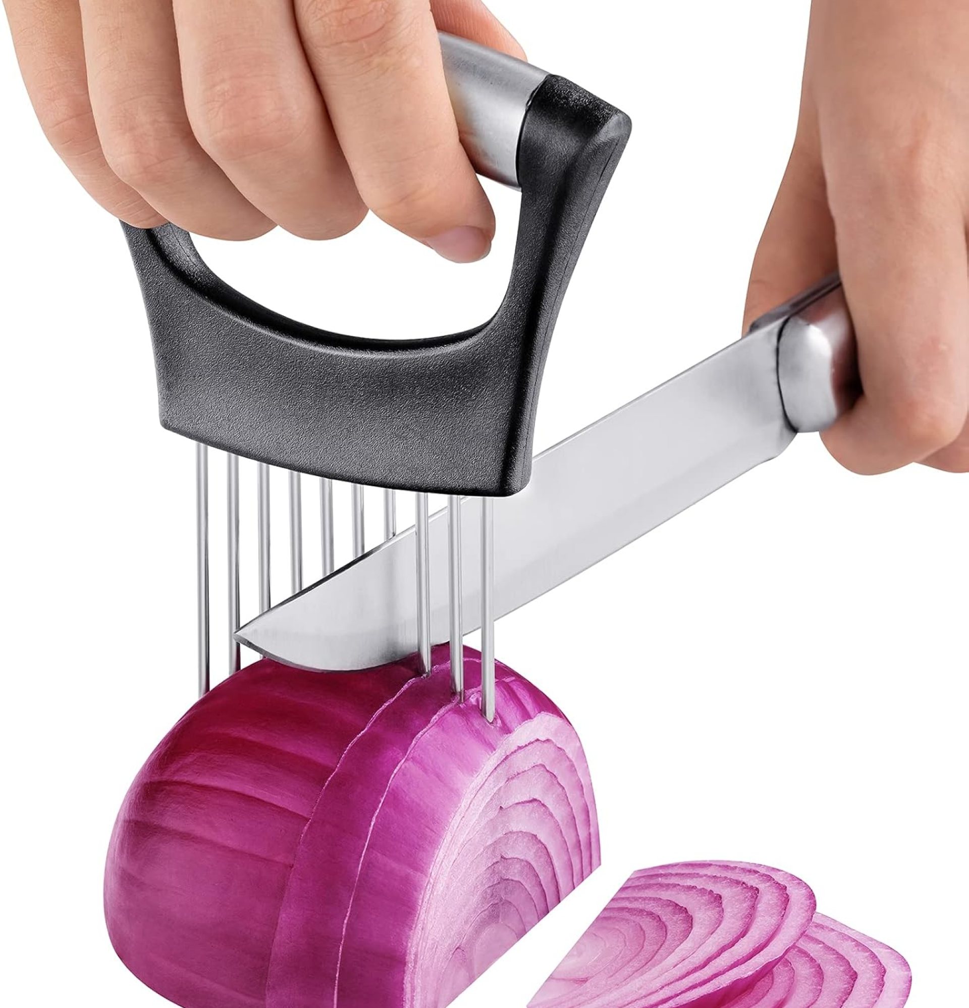ESINAM Onion Slicer Holder, Premium Vegetable Slicer Cutter for Potato and Tomato, Sharp Stainless Steel Food Slicer Assistant Tool for Slicing Fruit Lemon and Meat ESINAM Onion Slicer Holder, Premium Vegetable Slicer Cutter for Potato and Tomato, Sharp Stainless Steel Food Slicer Assistant Tool for Slicing Fruit Lemon and Meat