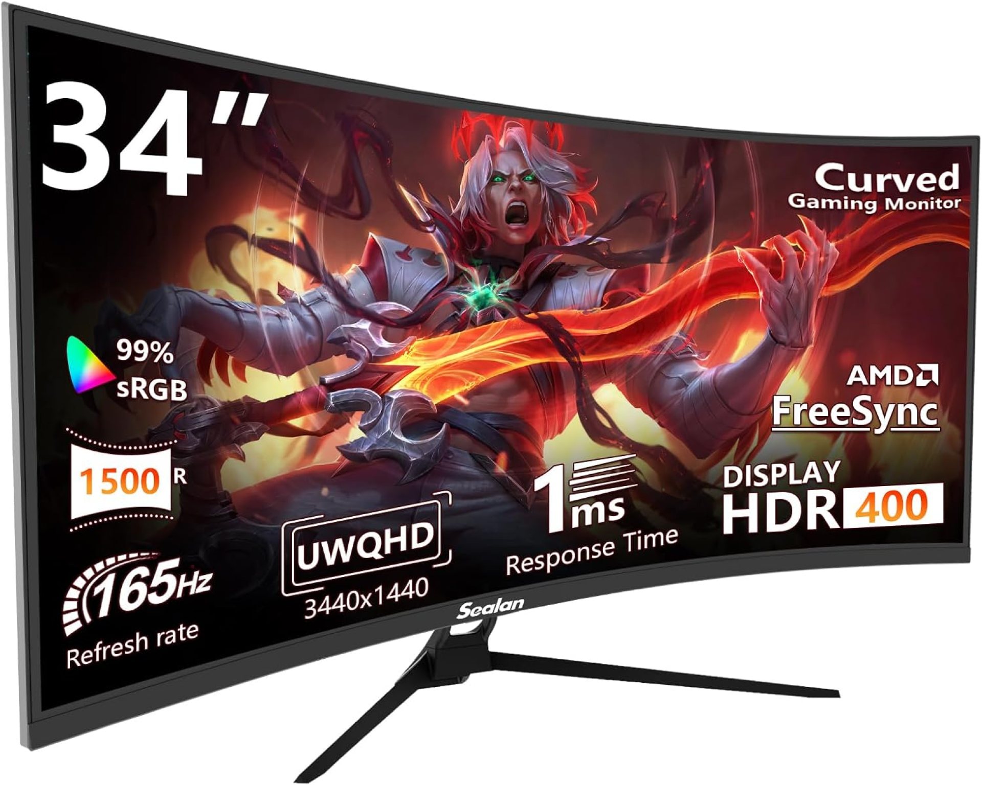 34 inch Ultrawide Curved Computer Gaming Monitor 165Hz UWQHD 3440×1440,1500R -PIP,1ms (MPRT),HDR, 300nits, sRGB99%,FreeSync,HDMI2.0(TMDS) x2,DP1.4 x2,Eye Care,Support Wallmount 75x75mm 34 inch Ultrawide Curved Computer Gaming Monitor 165Hz UWQHD 3440×1440,1500R -PIP,1ms (MPRT),HDR, 300nits, sRGB99%,FreeSync,HDMI2.0(TMDS) x2,DP1.4 x2,Eye Care,Support Wallmount 75x75mm