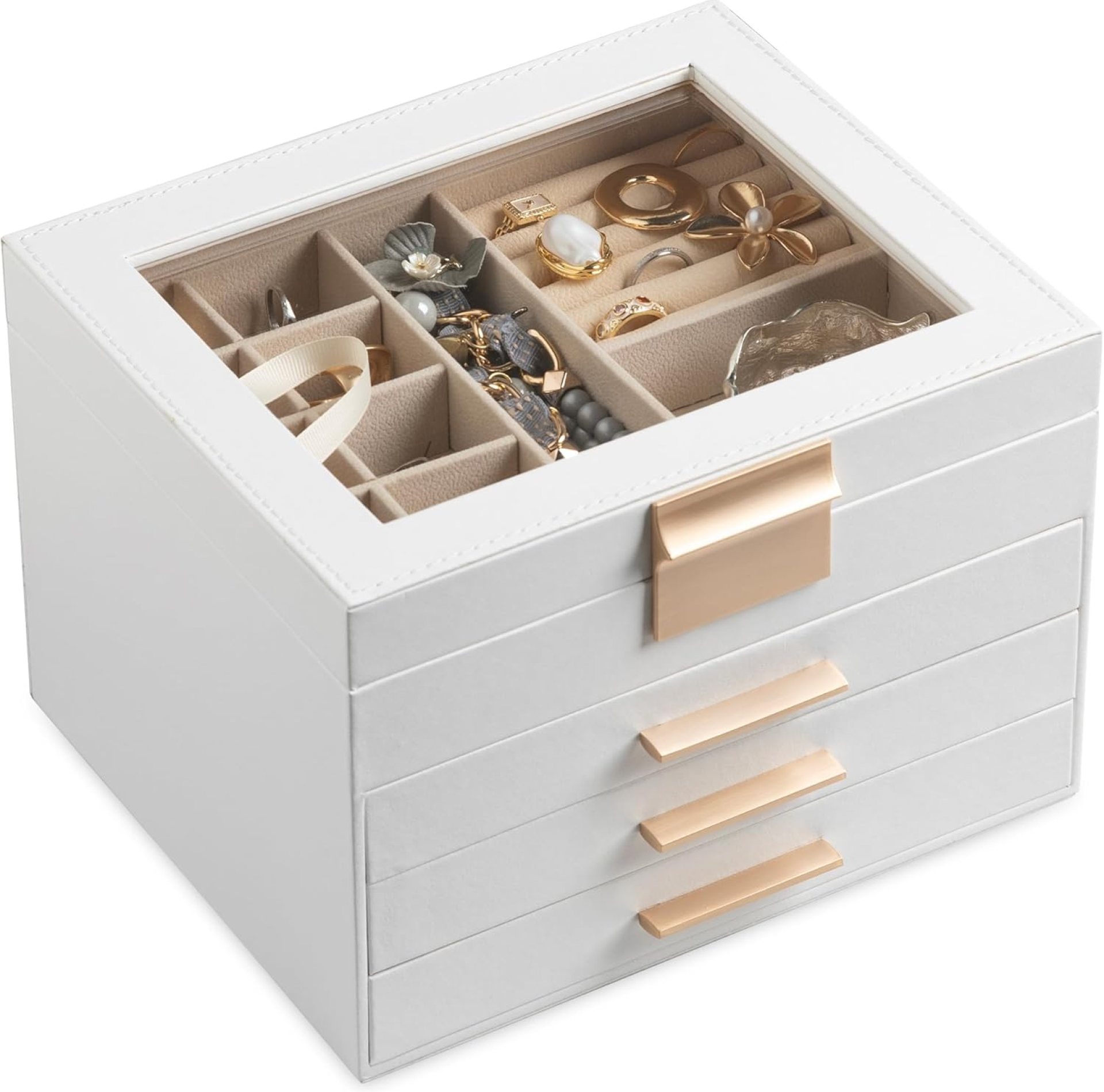 Frebeauty Jewelry Box with Clear Lid,4-Layer Jewelry Organizer with 3 Drawers,Faux Leather Jewelry Organizer and Storage,Square Shape Appearance,Stylish Gold Handle,Jewelry Box for Women(White) Frebeauty Jewelry Box with Clear Lid,4-Layer Jewelry Organizer with 3 Drawers,Faux Leather Jewelry Organizer and Storage,Square Shape Appearance,Stylish Gold Handle,Jewelry Box for Women(White)