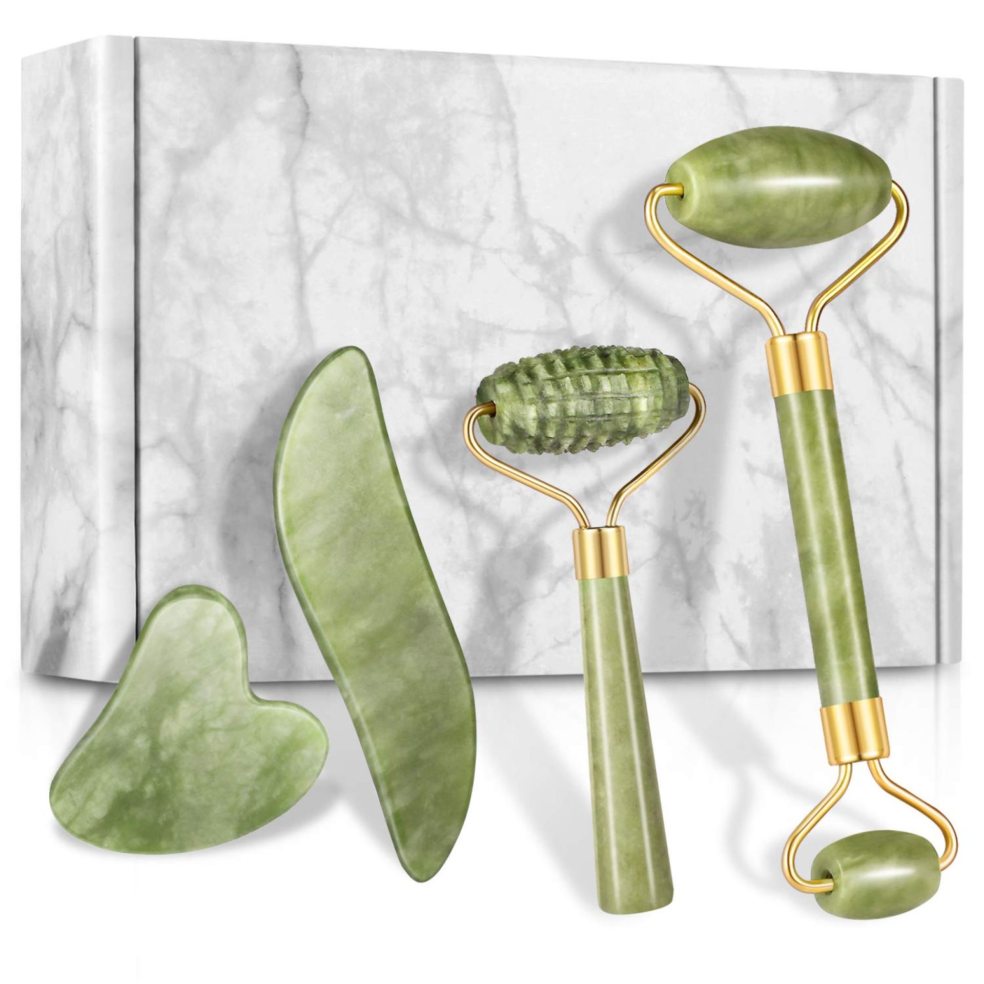 4-pcs Jade Roller & Gua Sha Set, Facial Roller Massager with Gua Sha Scraping Tool, Jade Stone Massager for Anti-aging, Slimming & Firming, Rejuvenate Face and Neck, Remove Wrinkles & Eye Puffiness 4-pcs Jade Roller & Gua Sha Set, Facial Roller Massager with Gua Sha Scraping Tool, Jade Stone Massager for Anti-aging, Slimming & Firming, Rejuvenate Face and Neck, Remove Wrinkles & Eye Puffiness