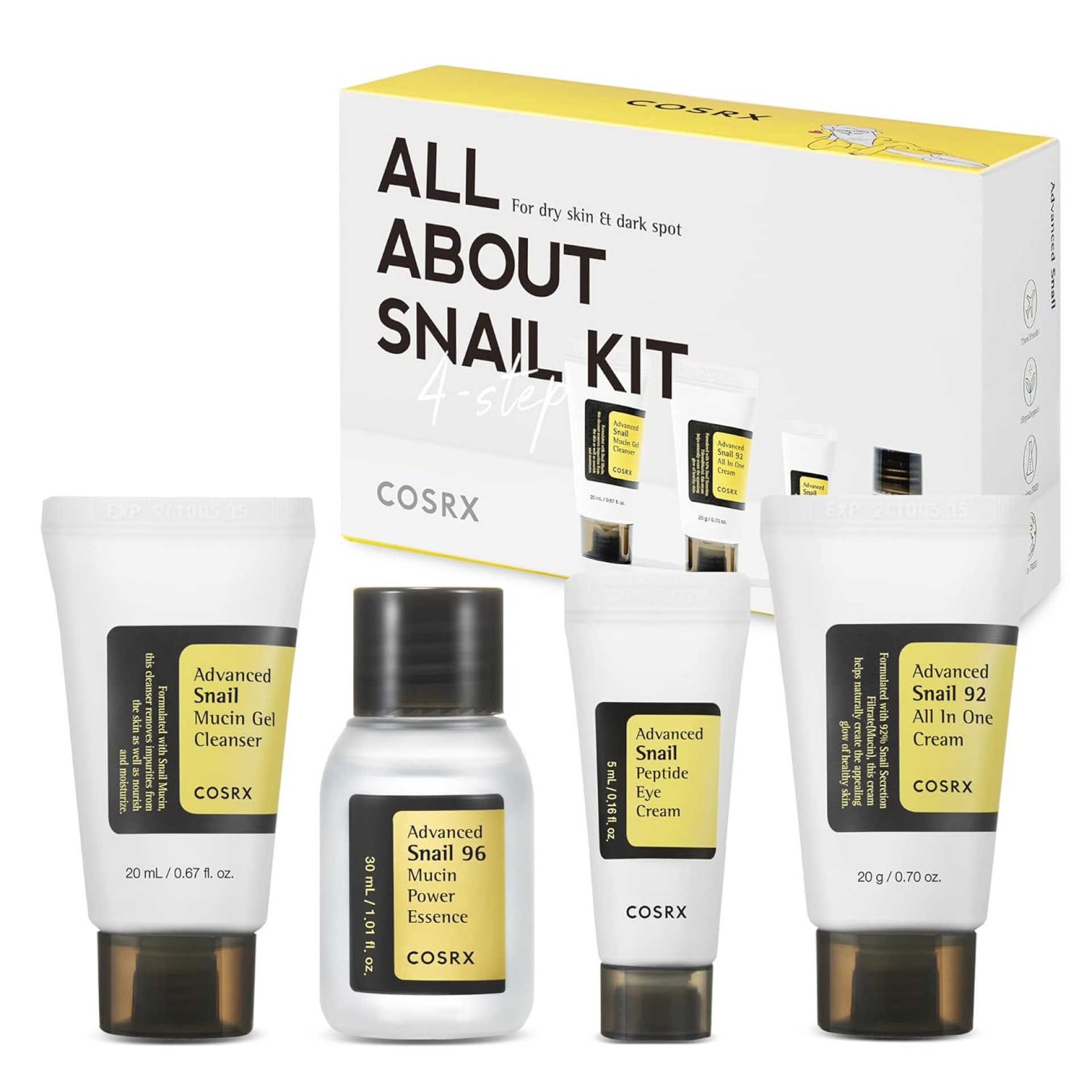 COSRX All About Snail Mucin Korean Skin Care Set, Mini Travel Essentials, Travel Size Gift Set with Snail Mucin Face Wash, Serum, Moisturizer & Eye Cream, Rejuvenating Kit COSRX All About Snail Mucin Korean Skin Care Set, Mini Travel Essentials, Travel Size Gift Set with Snail Mucin Face Wash, Serum, Moisturizer & Eye Cream, Rejuvenating Kit