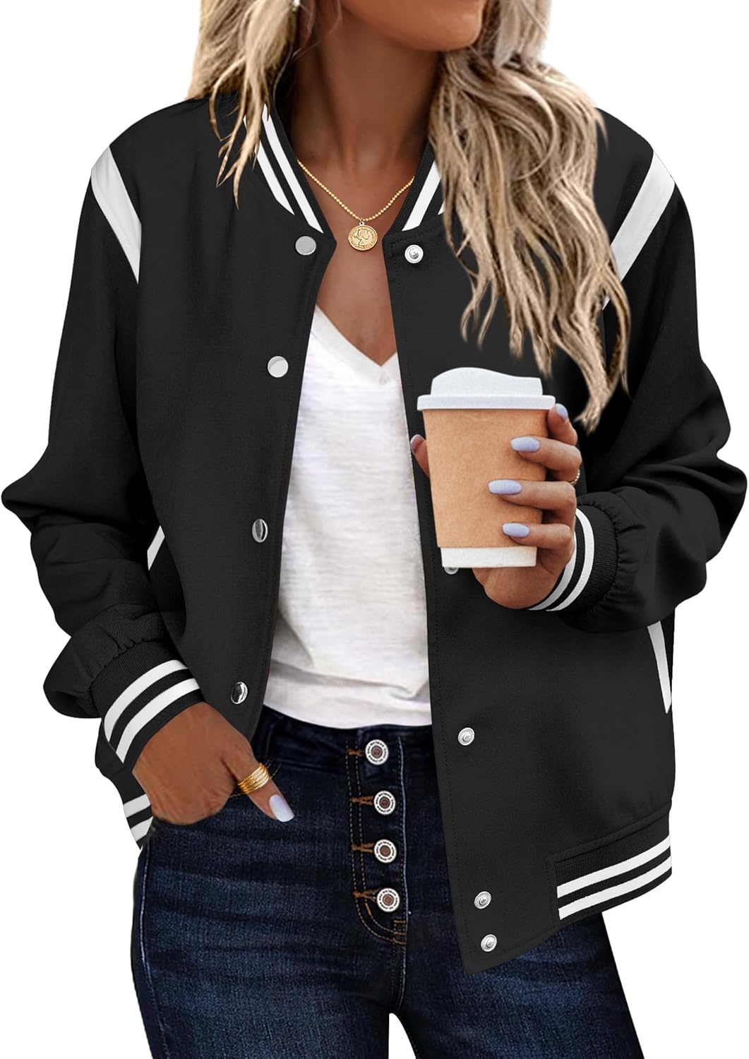Zeagoo Bomber Jacket Women Varsity Casual Striped Button Down Lightweight Spring Short Outwear with Pockets Zeagoo Bomber Jacket Women Varsity Casual Striped Button Down Lightweight Spring Short Outwear with Pockets