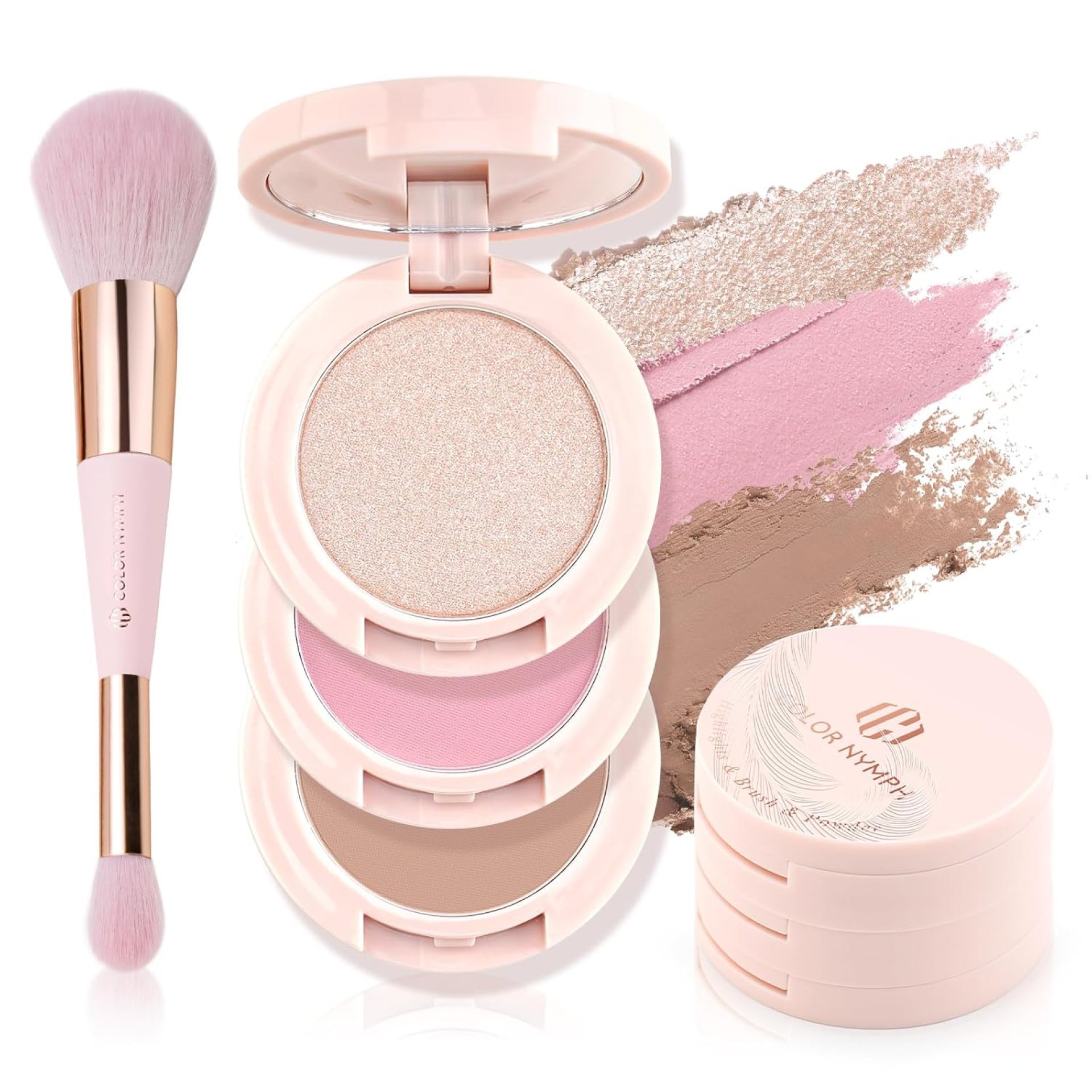 Color Nymph 3 Colors Contour Blush Highlingter Makeup Palette, Travel Size Make up Kit, Blush & Highlighter & Contour Powder Palette, Includes Brush and Mirror, Stacked Makeup Design (Pink) Color Nymph 3 Colors Contour Blush Highlingter Makeup Palette, Travel Size Make up Kit, Blush & Highlighter & Contour Powder Palette, Includes Brush and Mirror, Stacked Makeup Design (Pink)