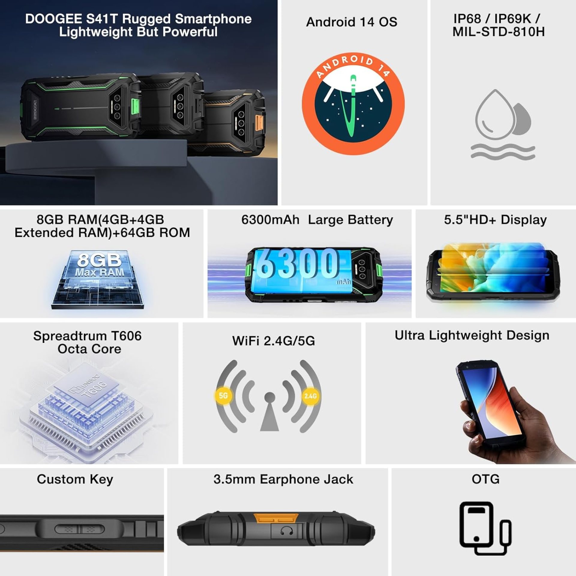 DOOGEE S41T Rugged Unlocked 2025,Android 14 6300mAh Battery,8GB+64GB,4G Dual Sim Rugged Smartphone,13MP Camera,IP68 Waterproof Cell Phone,Face Unlock,NFC/T-Mobile,Black DOOGEE S41T Rugged Unlocked 2025,Android 14 6300mAh Battery,8GB+64GB,4G Dual Sim Rugged Smartphone,13MP Camera,IP68 Waterproof Cell Phone,Face Unlock,NFC/T-Mobile,Black