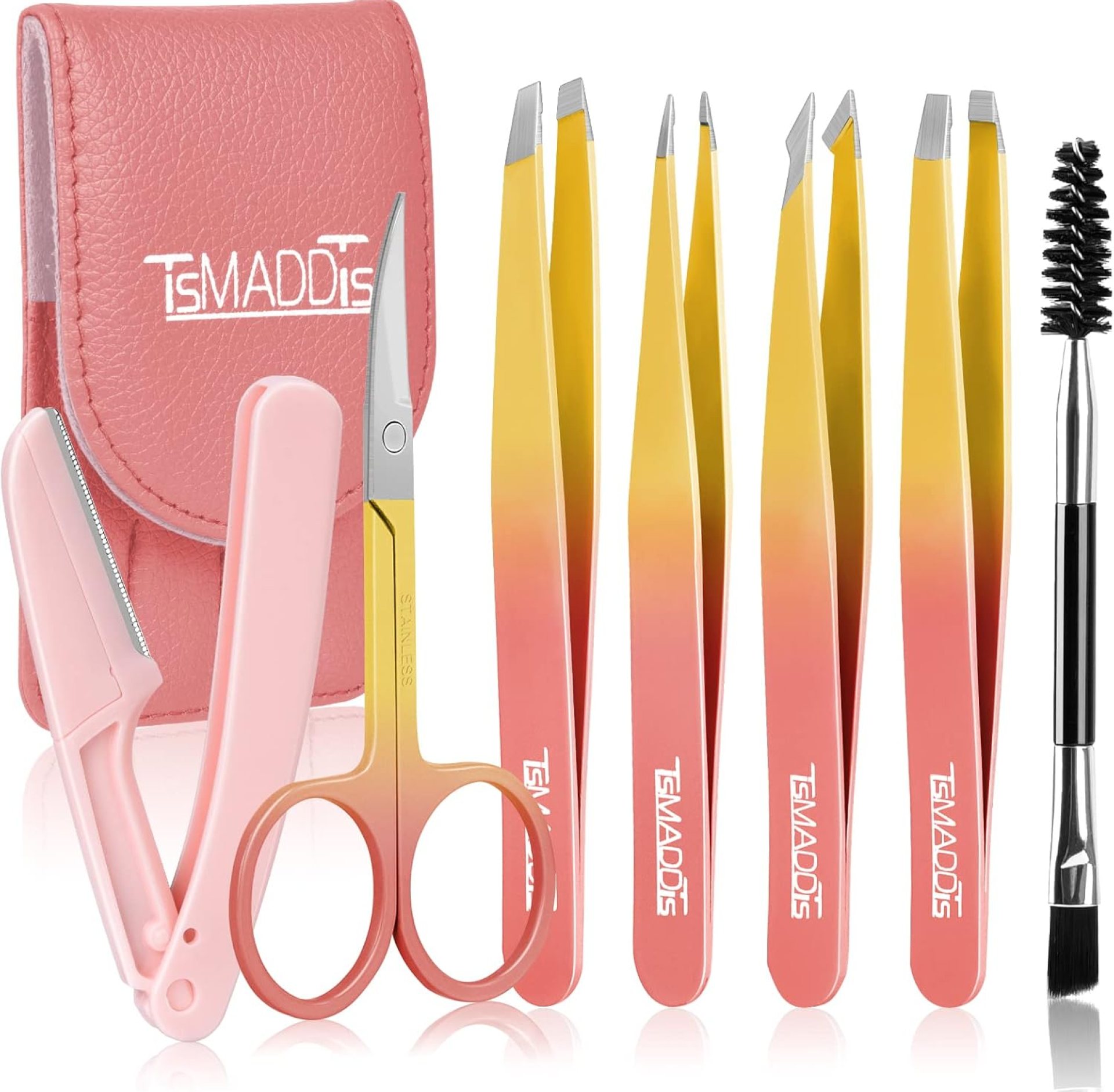 TsMADDTs 7PCS Tweezers Set for Women Facial Hair, Precision Tweezer for Eyebrows with Curved Scissor and Eyebrow Razor for Ingrown Hair, Pink&Yellow TsMADDTs 7PCS Tweezers Set for Women Facial Hair, Precision Tweezer for Eyebrows with Curved Scissor and Eyebrow Razor for Ingrown Hair, Pink&Yellow