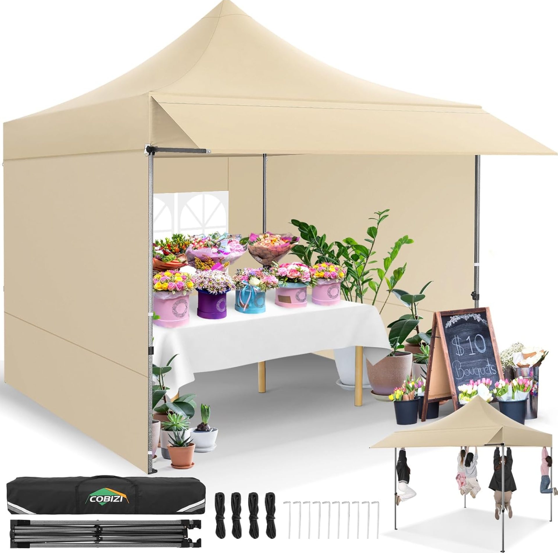 COBIZI 10×10 Pop Up Canopy with Sidewalls Heavy Duty Party Tent with Removable Awning Easy Up Outdoor Canopy Wedding, All Season Windproof & Waterproof with Portable Bag UPF 50+, Khaki COBIZI 10×10 Pop Up Canopy with Sidewalls Heavy Duty Party Tent with Removable Awning Easy Up Outdoor Canopy Wedding, All Season Windproof & Waterproof with Portable Bag UPF 50+, Khaki