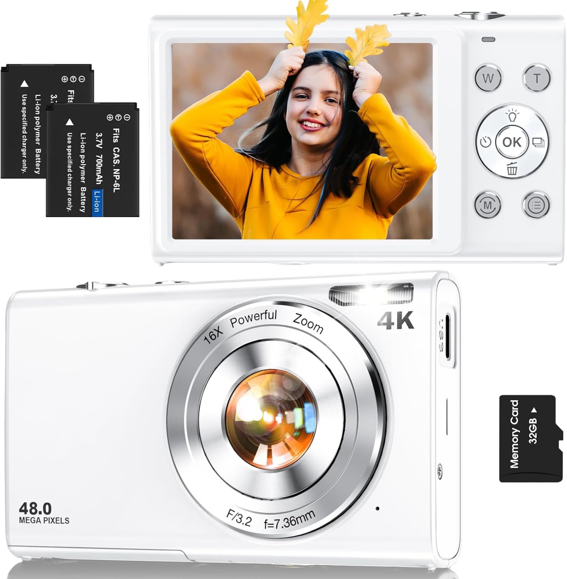 Digital Camera,Autofocus 4K Vlogging Camera for Photography with 32GB Card,48MP Portable Compact Point and Shoot Digital Camera for Teens Adult Beginner with 16X Zoom,Anti-Shake,2 Batteries(White) Digital Camera,Autofocus 4K Vlogging Camera for Photography with 32GB Card,48MP Portable Compact Point and Shoot Digital Camera for Teens Adult Beginner with 16X Zoom,Anti-Shake,2 Batteries(White)