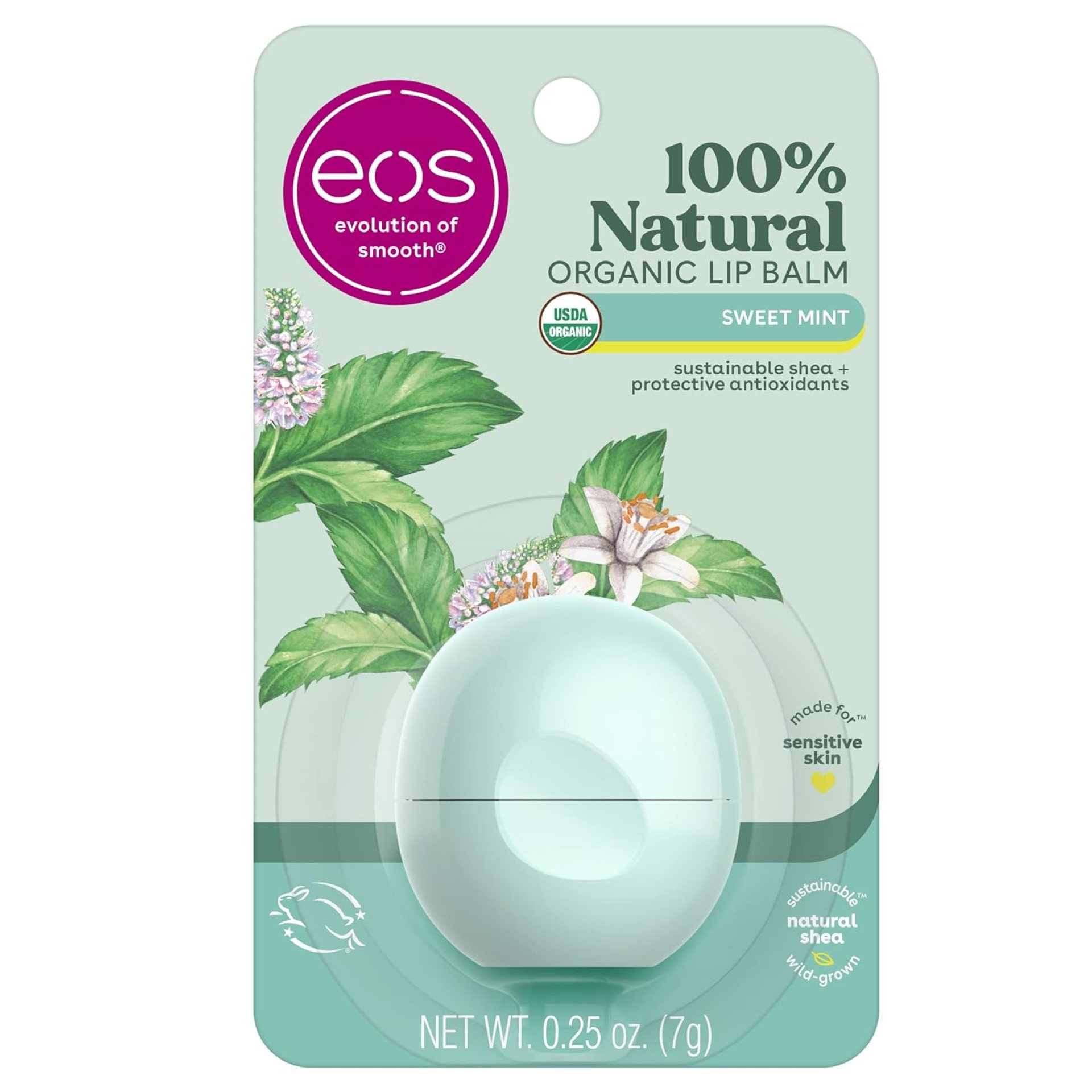 eos 100% Natural & Organic Lip Balm- Sweet Mint, Dermatologist Recommended, All-Day Moisture, Made for Sensitive Skin, Lip Care Products, 0.25 oz eos 100% Natural & Organic Lip Balm- Sweet Mint, Dermatologist Recommended, All-Day Moisture, Made for Sensitive Skin, Lip Care Products, 0.25 oz