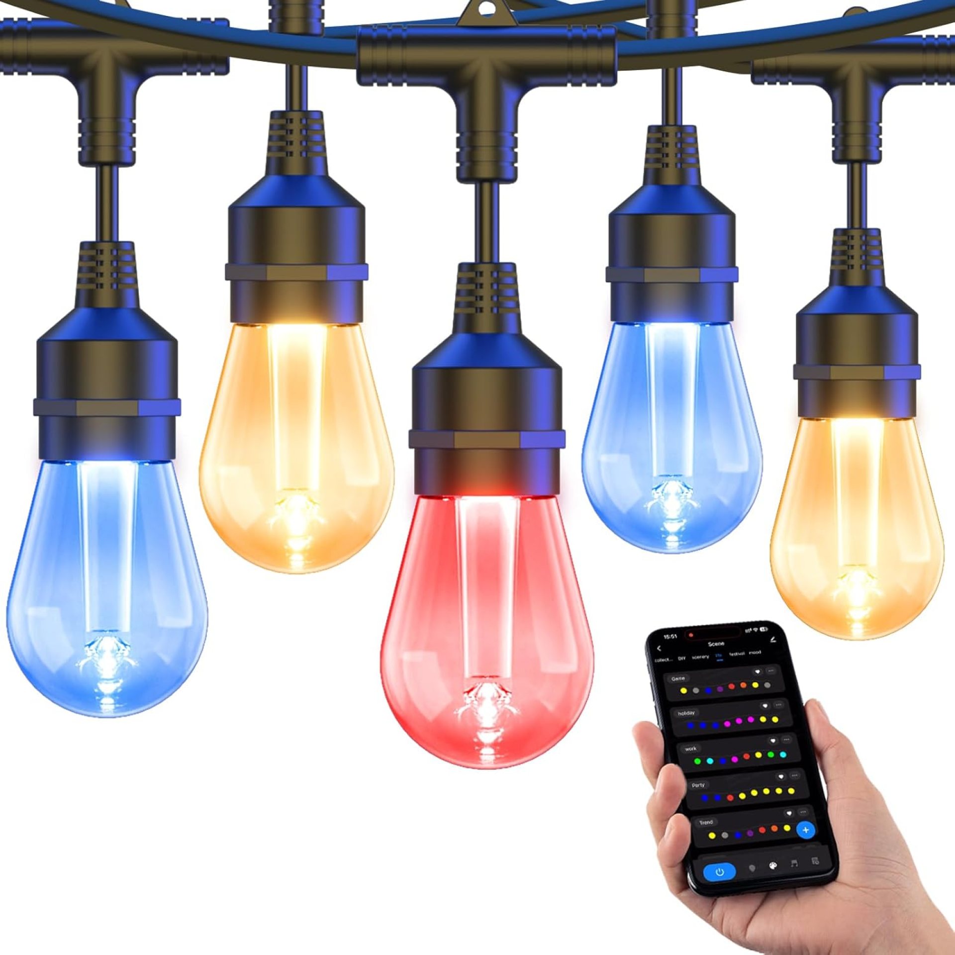 XMCOSY+ Outdoor String Lights Smart, 49Ft RGBCWIC Patio Lights Waterproof, App Control, Compatible with Alexa, Color Changing LED String Light for Outside Yard Garden Porch XMCOSY+ Outdoor String Lights Smart, 49Ft RGBCWIC Patio Lights Waterproof, App Control, Compatible with Alexa, Color Changing LED String Light for Outside Yard Garden Porch