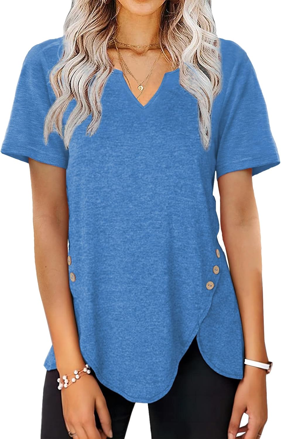 Womens Tops V Neck Tshirts Short Sleeve Button Side Tunics for Women Fashion Summer Clothes S-XXL Womens Tops V Neck Tshirts Short Sleeve Button Side Tunics for Women Fashion Summer Clothes S-XXL