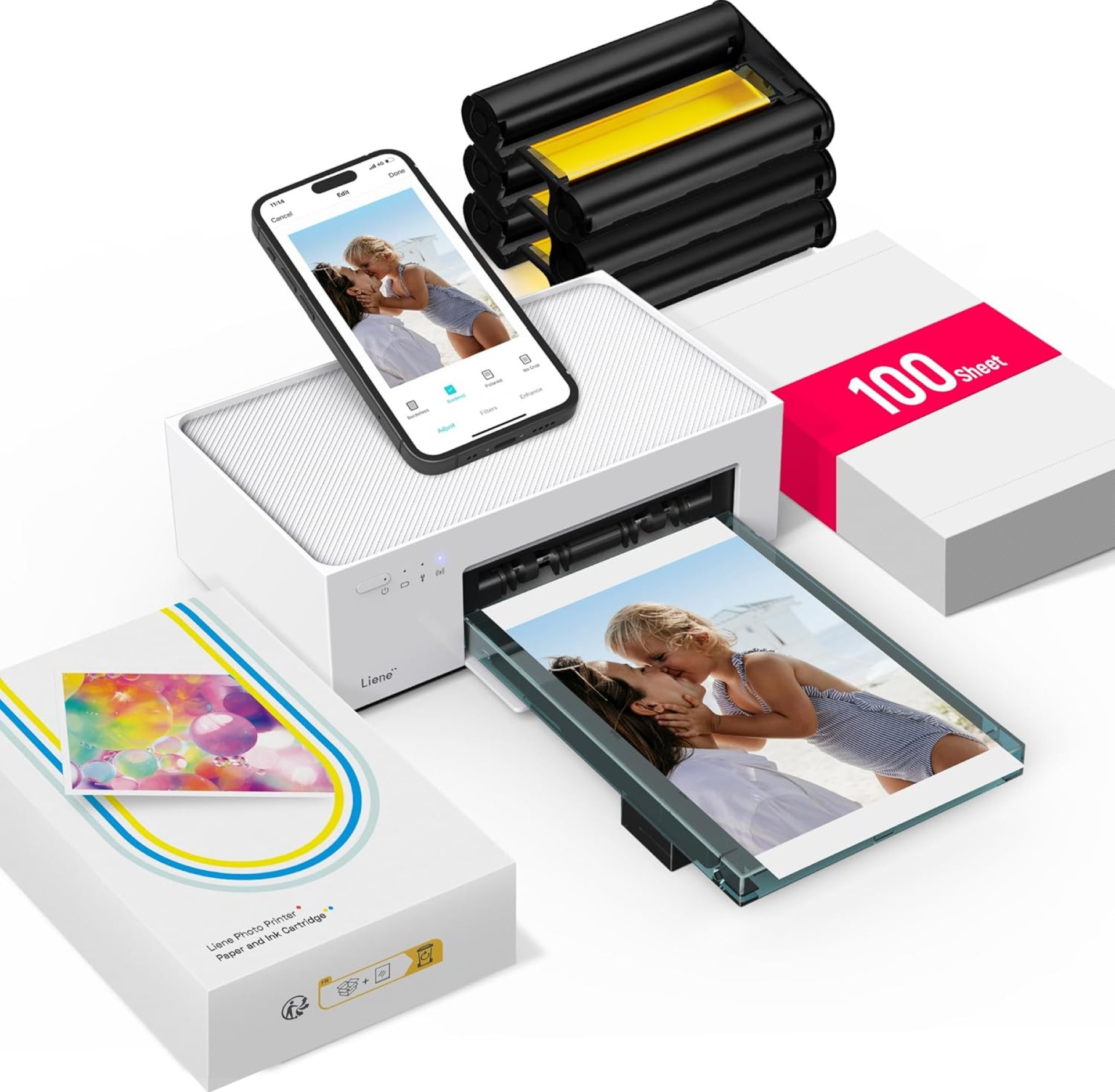 Liene M100 4×6” Photo Printer, Phone Printer 100 Sheets & 3 Cartridges, Full-Color Photo, Portable Instant Photo Printer for iPhone Android, Thermal Dye Sublimation, Wi-Fi Picture Printer 100 Papers Liene M100 4×6” Photo Printer, Phone Printer 100 Sheets & 3 Cartridges, Full-Color Photo, Portable Instant Photo Printer for iPhone Android, Thermal Dye Sublimation, Wi-Fi Picture Printer 100 Papers