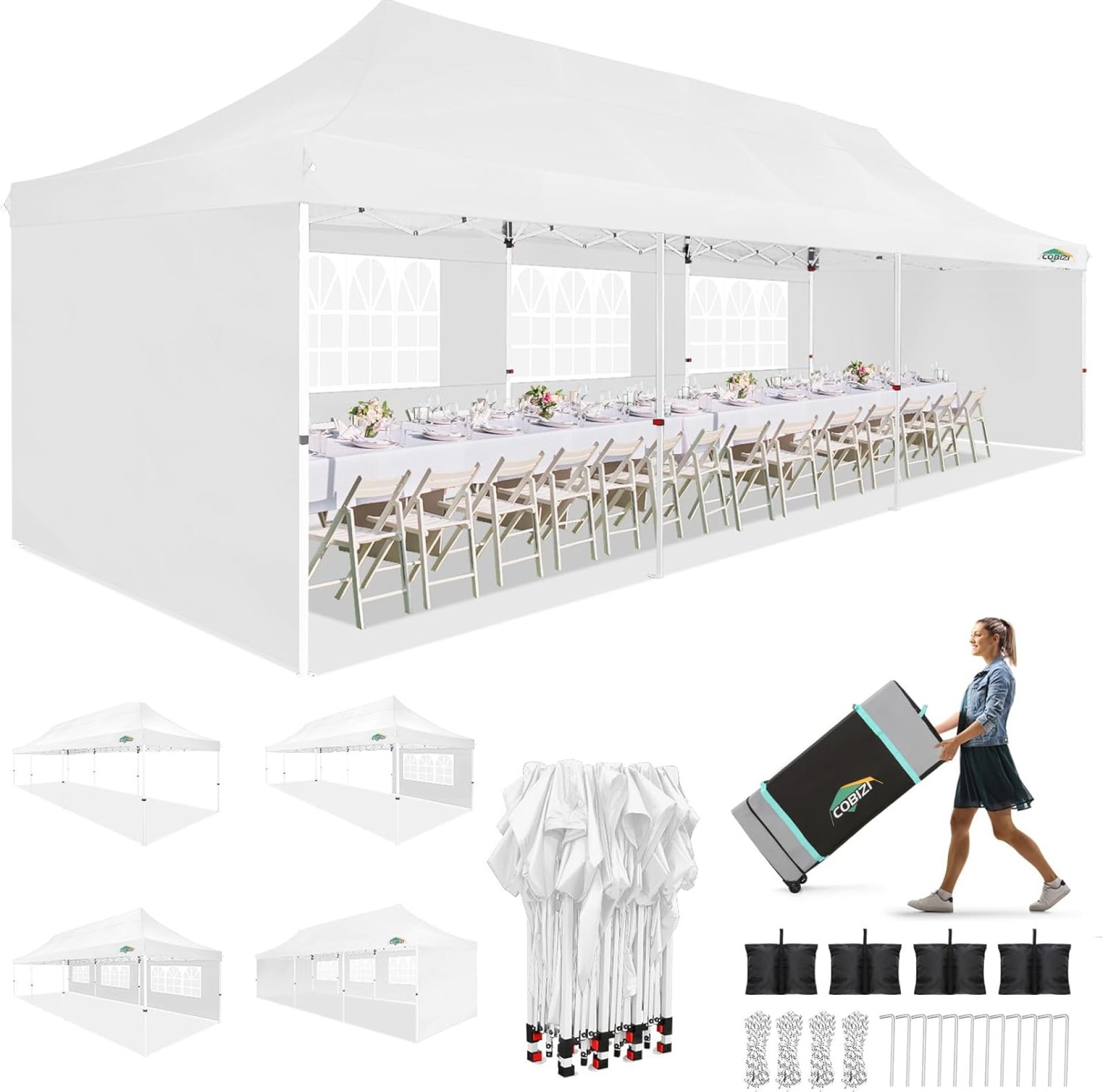 COBIZI 10×30 Pop up Canopy with 5 Removable Sidewalls & 4 Sandbags, Canopy Tent for Parties, Wedding, and Commercials, Waterproof and Instant Shelter UV50+ Ez Outdoor Canopy Tent with Roller Bag,White COBIZI 10×30 Pop up Canopy with 5 Removable Sidewalls & 4 Sandbags, Canopy Tent for Parties, Wedding, and Commercials, Waterproof and Instant Shelter UV50+ Ez Outdoor Canopy Tent with Roller Bag,White