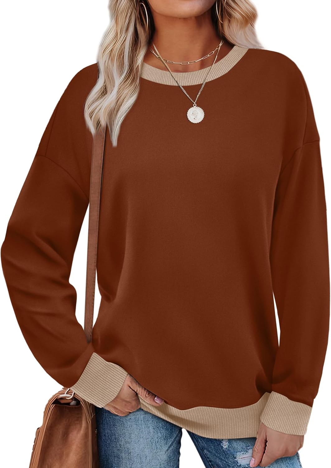 Saloogoe Sweatshirts for Women Crewneck Long Sleeve Loose Fit Tops Color Block Ribbed Trim Fashion 2024 Saloogoe Sweatshirts for Women Crewneck Long Sleeve Loose Fit Tops Color Block Ribbed Trim Fashion 2024