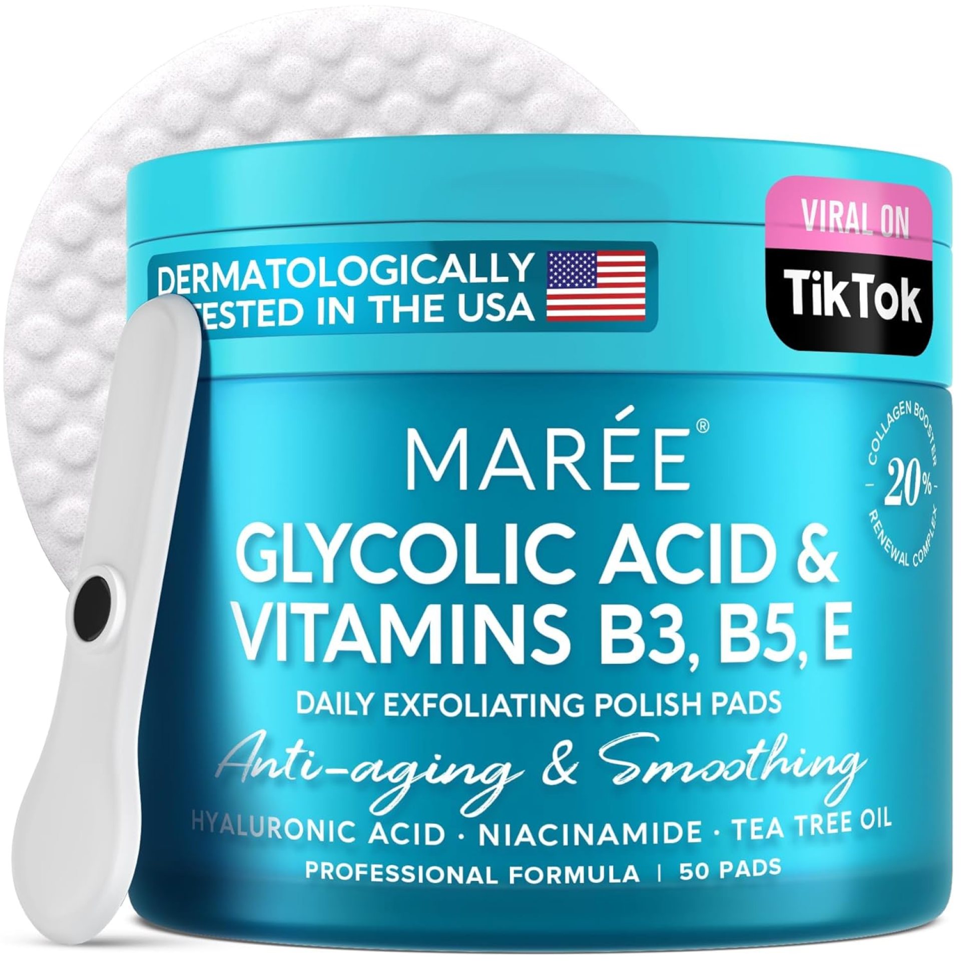 MAREE Glycolic Acid Pads – Toner Pads for Face Cleansing – Tea Tree Oil, Salicylic Acid & Vitamins E, B3, B5 – Facial Peel & Radiance Deep Cleaning Effect – 50 Count MAREE Glycolic Acid Pads – Toner Pads for Face Cleansing – Tea Tree Oil, Salicylic Acid & Vitamins E, B3, B5 – Facial Peel & Radiance Deep Cleaning Effect – 50 Count