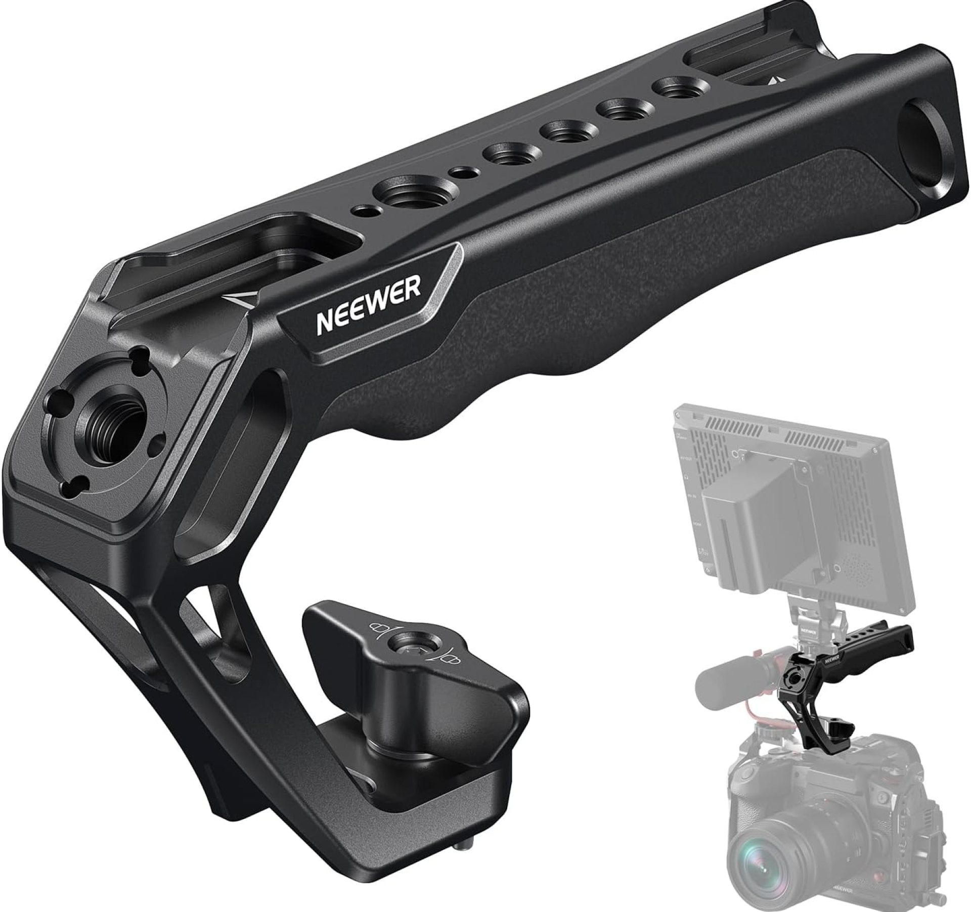 NEEWER Camera Top Handle with 3/8″ Wing Screw & Locating Pins for ARRI, Nonslip Silicone Grip with 1/4″ & 3/8″ Threads, Cold Shoes, Compatible with SmallRig Camera Cage Accessories, CA107 NEEWER Camera Top Handle with 3/8″ Wing Screw & Locating Pins for ARRI, Nonslip Silicone Grip with 1/4″ & 3/8″ Threads, Cold Shoes, Compatible with SmallRig Camera Cage Accessories, CA107