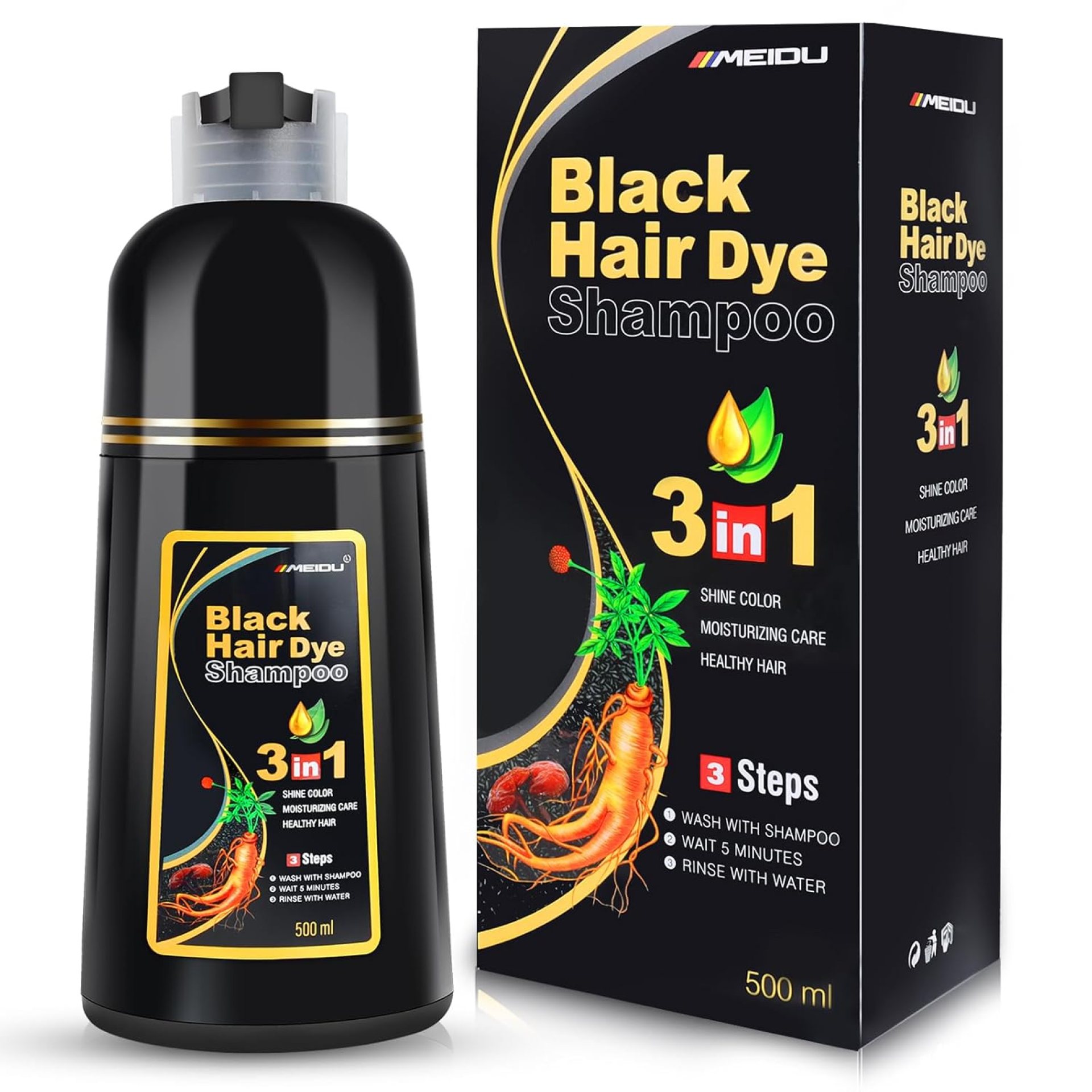 IIIMEIDU Black Hair Dye Shampoo 3 in 1 for Gray Hair, Herbal Ingredients Shampoo Black Hair Dye for Women Men, Grey Coverage Shampoo 500ml IIIMEIDU Black Hair Dye Shampoo 3 in 1 for Gray Hair, Herbal Ingredients Shampoo Black Hair Dye for Women Men, Grey Coverage Shampoo 500ml