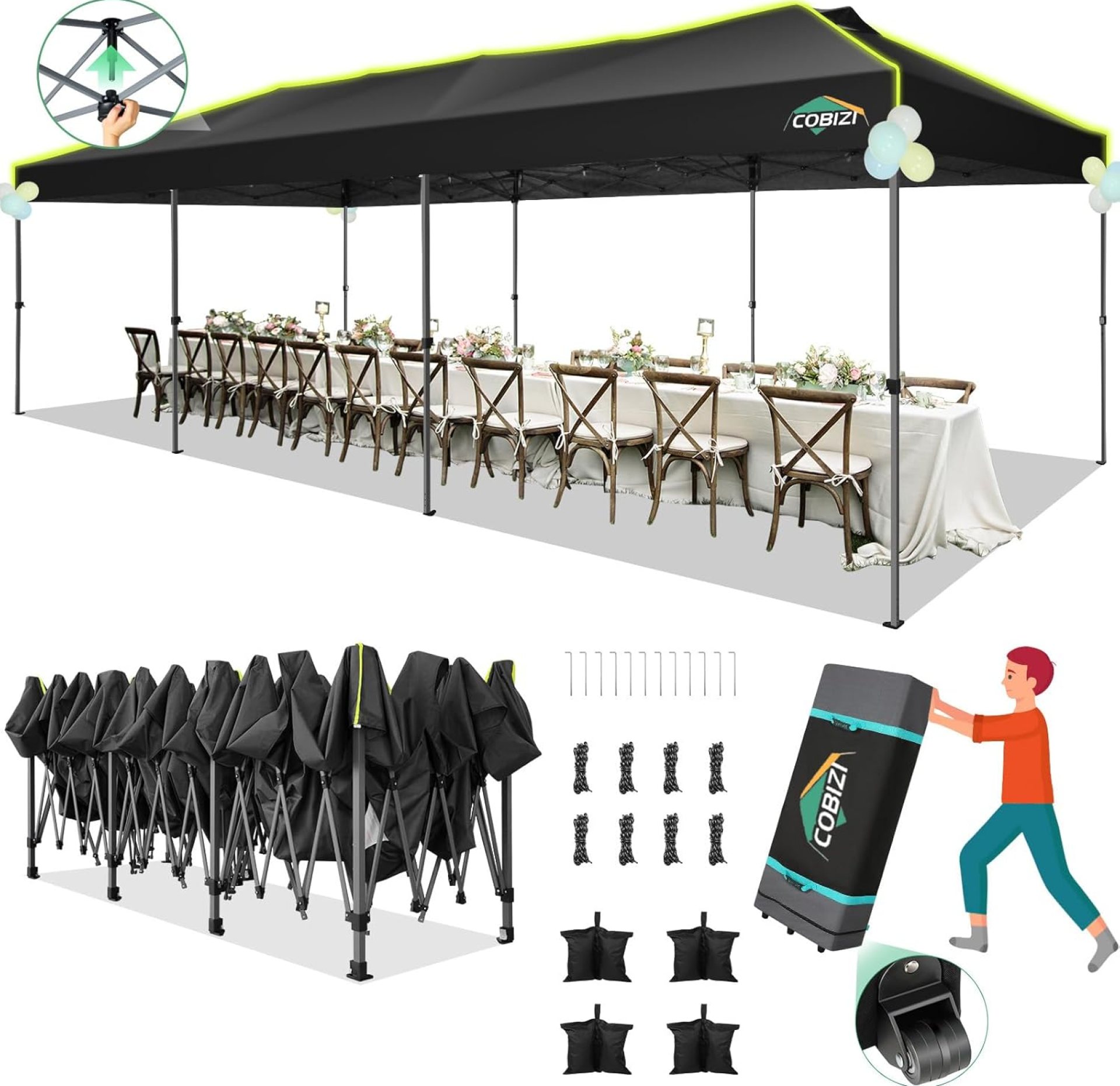 COBIZI 10×30 Pop Up Canopy Tent Without Removable Sidewalls, One Push Party Tent Outdoor Waterproof Event Canopy with Air Vent for Parties Commercial Wedding, 3 Height, Wheeled Bag, Sandbag, Black COBIZI 10×30 Pop Up Canopy Tent Without Removable Sidewalls, One Push Party Tent Outdoor Waterproof Event Canopy with Air Vent for Parties Commercial Wedding, 3 Height, Wheeled Bag, Sandbag, Black