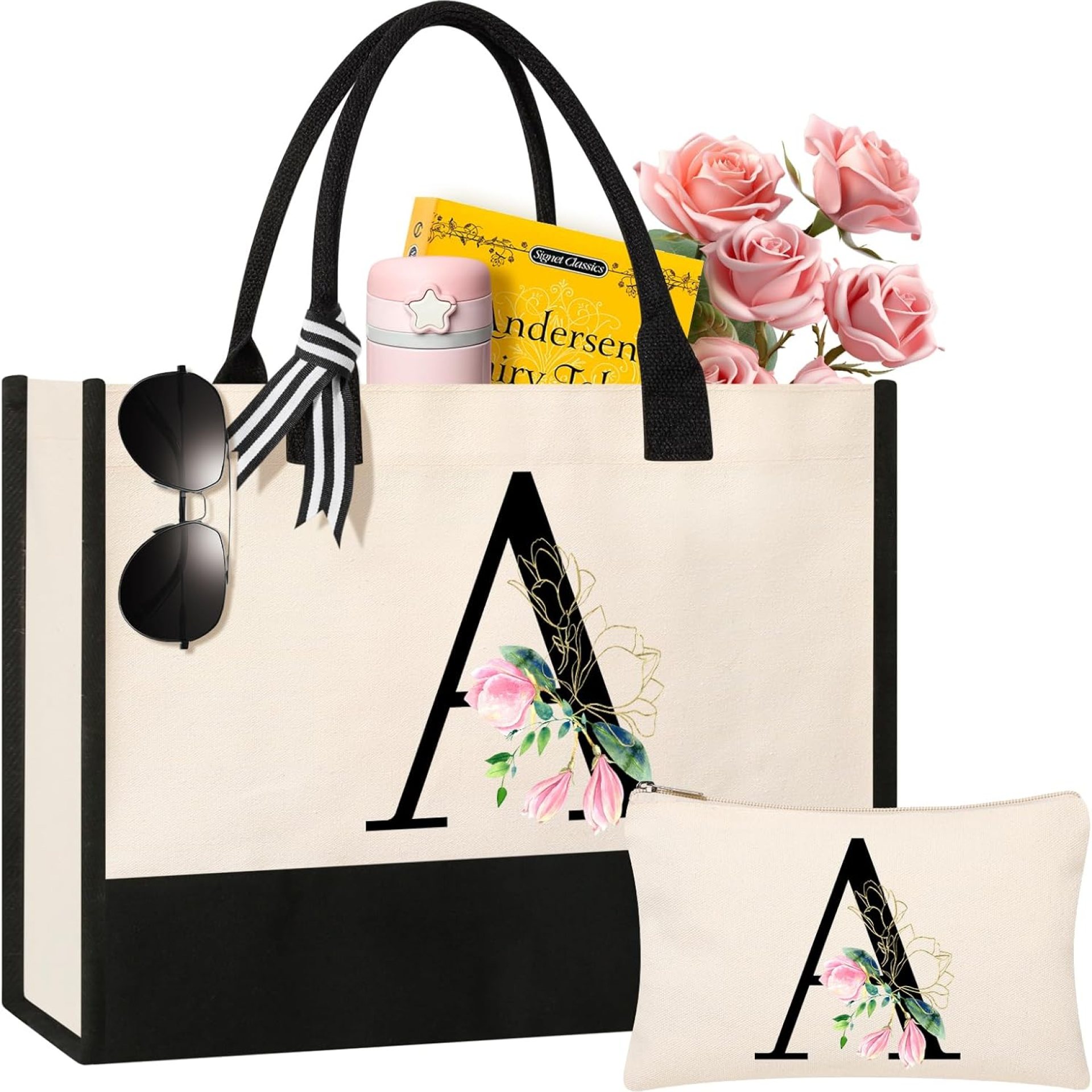 AYGE Personalized Initial Canvas Beach Tote, Monogrammed Gifts for Women, Makeup Bag, Birthday Gifts for Sister, Mom, Teacher, Bridesmaid (A) AYGE Personalized Initial Canvas Beach Tote, Monogrammed Gifts for Women, Makeup Bag, Birthday Gifts for Sister, Mom, Teacher, Bridesmaid (A)