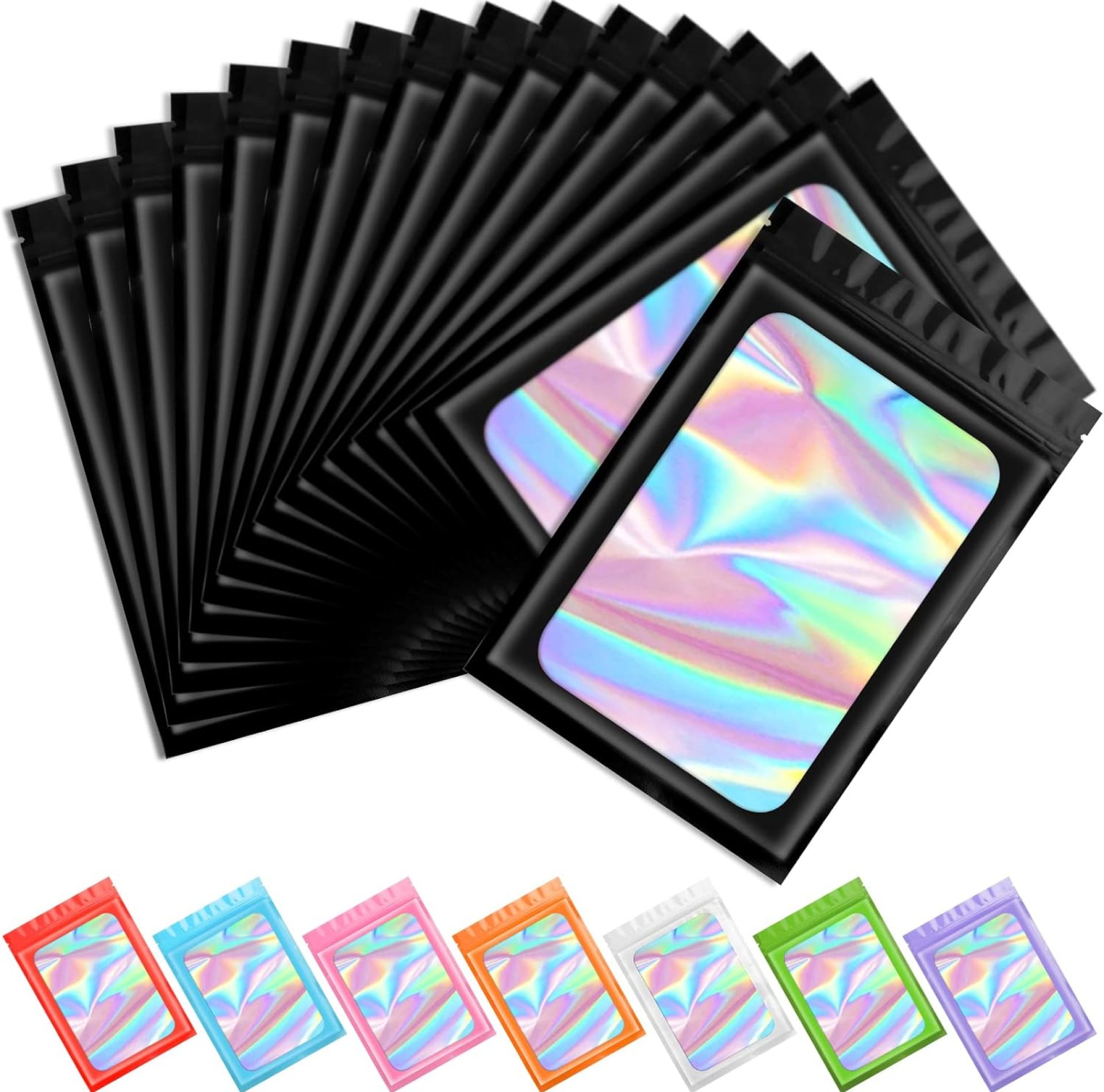 Funfery 100 pcs Black Mylar Holographic Bags Packaging Bags,Clear Resealable Bags Foil Pouch Bags for Food Storage and Lipgloss,Jewelry,Eyelash Packaging for Small Business(2.4×3.9Inch) Funfery 100 pcs Black Mylar Holographic Bags Packaging Bags,Clear Resealable Bags Foil Pouch Bags for Food Storage and Lipgloss,Jewelry,Eyelash Packaging for Small Business(2.4×3.9Inch)