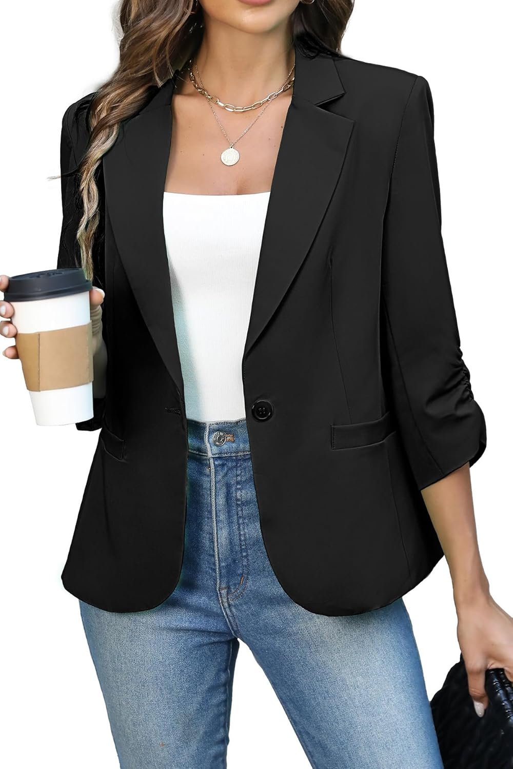 ELLEVEN Women’s Ruched 3/4 Sleeve Blazers, Lightweight Slim Fit Jackets with Padded Shoulder for Business Casual ELLEVEN Women’s Ruched 3/4 Sleeve Blazers, Lightweight Slim Fit Jackets with Padded Shoulder for Business Casual