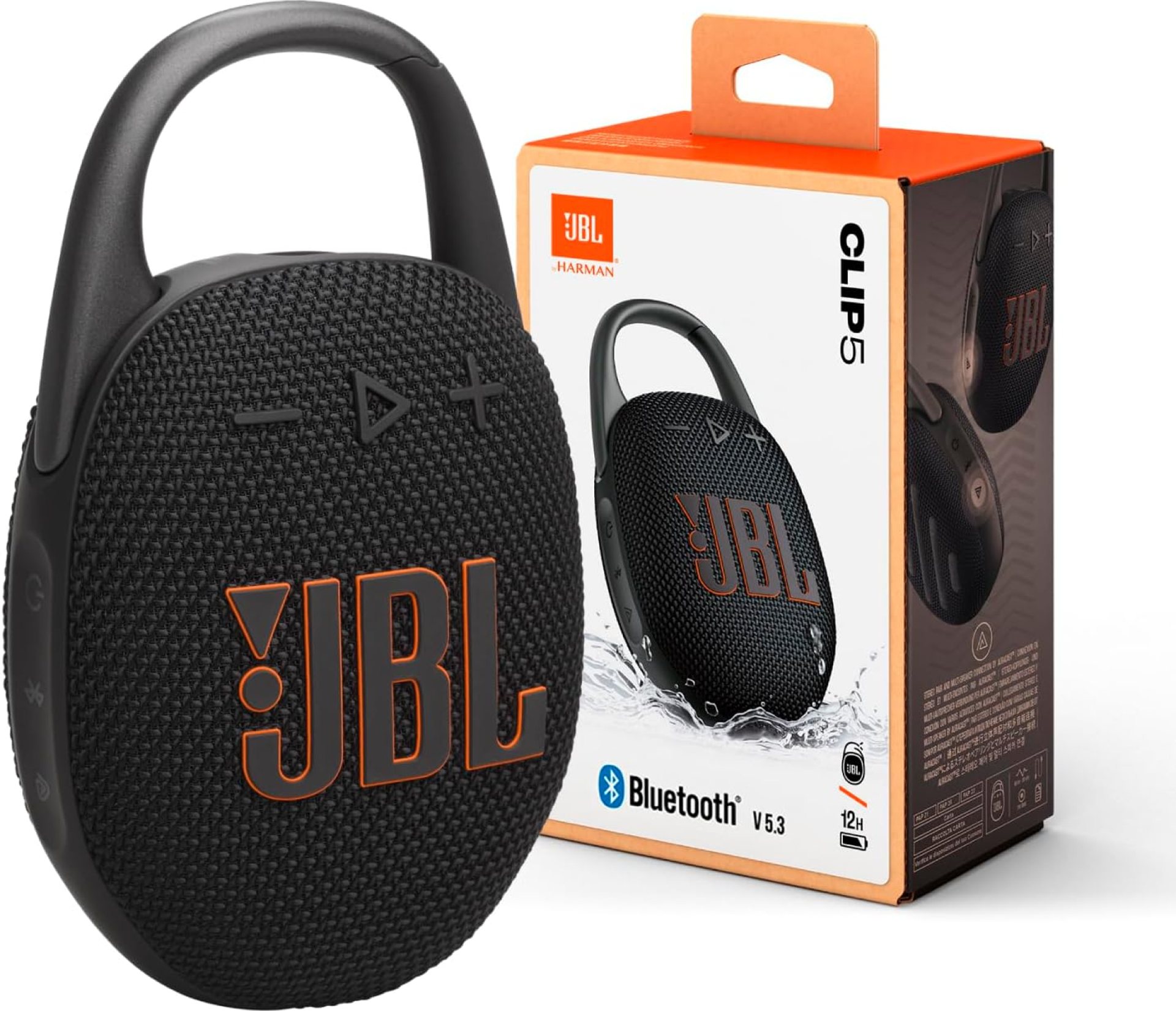 JBL Clip 5 – Ultra-Portable, Waterproof & Dustproof Bluetooth Speaker, Big Pro Sound with Punchy bass, Integrated Carabiner, Up to 12 Hours of Play, Made in Part with Recycled Materials (Black) JBL Clip 5 – Ultra-Portable, Waterproof & Dustproof Bluetooth Speaker, Big Pro Sound with Punchy bass, Integrated Carabiner, Up to 12 Hours of Play, Made in Part with Recycled Materials (Black)