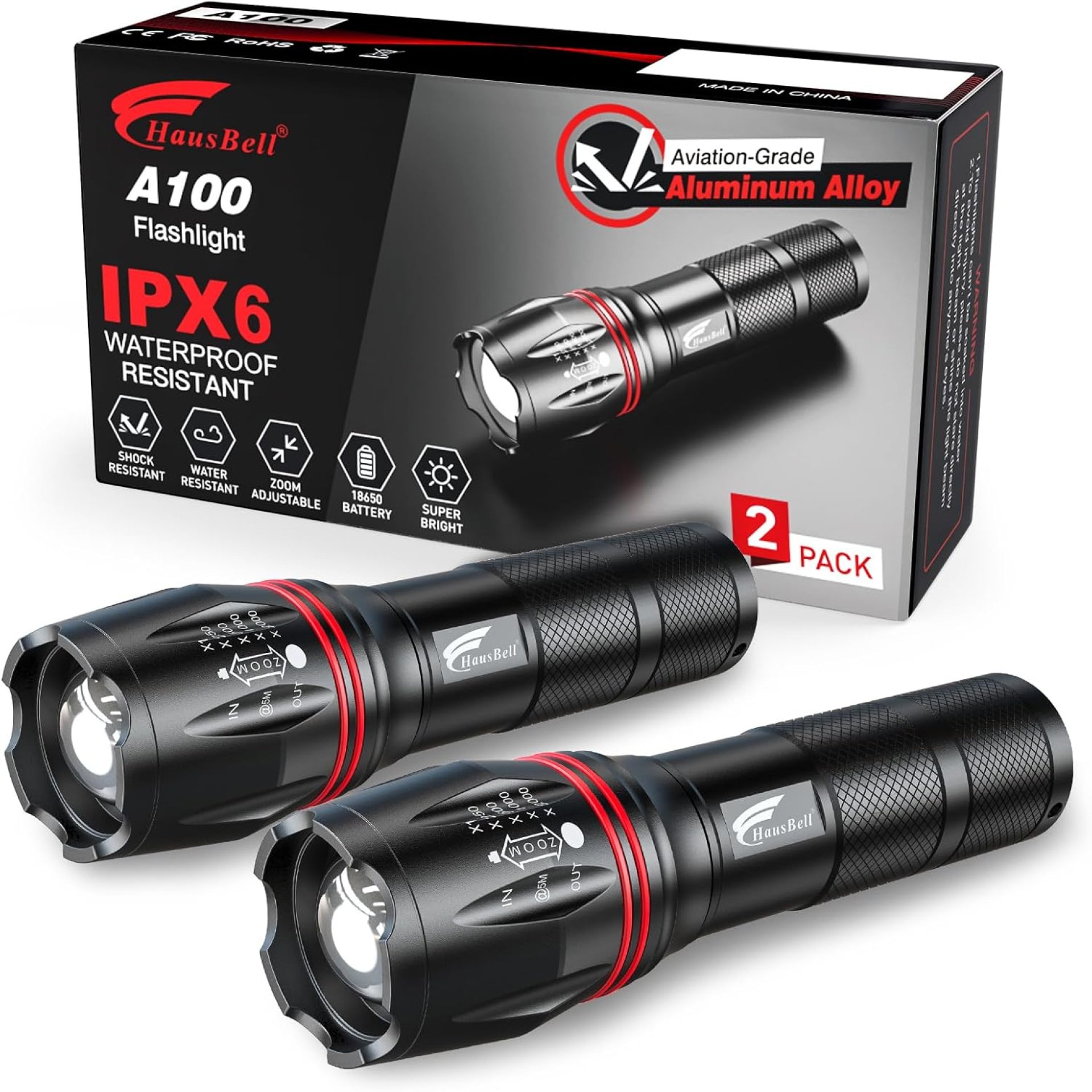 HAUSBELL A100 LED EDC Flashlights High Lumens,Bright, Zoomable, Waterproof, Powerful, Emergency Tactical LED Flashlights for Home and 5 Modes, Flashlight for Camping Gear、Hiking、Walking(2Pack) HAUSBELL A100 LED EDC Flashlights High Lumens,Bright, Zoomable, Waterproof, Powerful, Emergency Tactical LED Flashlights for Home and 5 Modes, Flashlight for Camping Gear、Hiking、Walking(2Pack)
