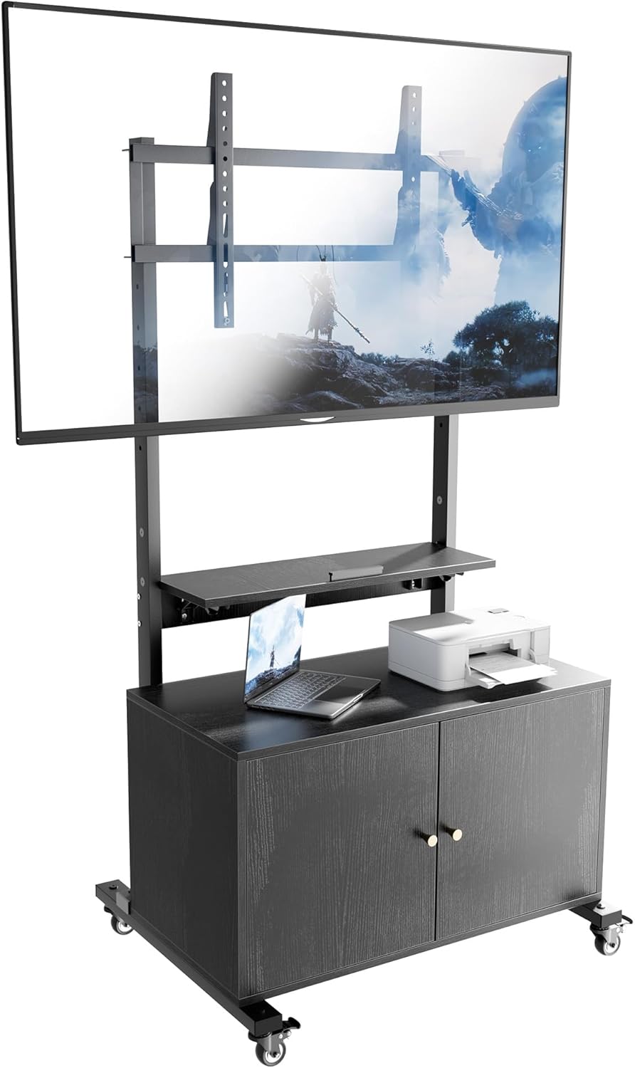 Entertainment Center with Lockable Wheels, Rollinig TV Cart for 32-75 Inch TVs up to 150 lbs, Height Adjustable Mobile TV Stand with Storage Cabinet, Max VESA 600×400mm, Black Entertainment Center with Lockable Wheels, Rollinig TV Cart for 32-75 Inch TVs up to 150 lbs, Height Adjustable Mobile TV Stand with Storage Cabinet, Max VESA 600×400mm, Black