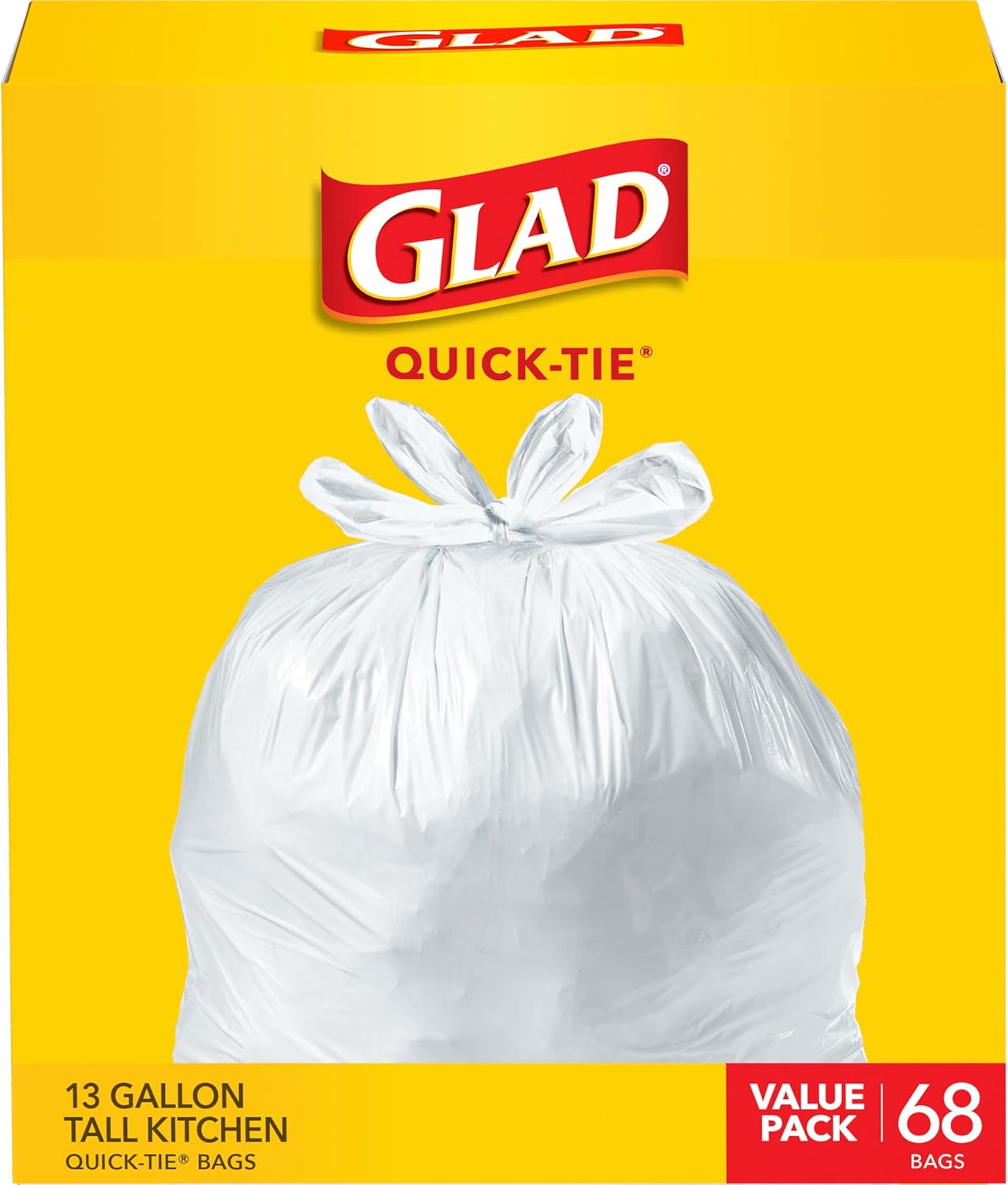 Glad Tall Kitchen Quick-Tie Trash Bags, 13 Gallon, White, 68 Count, (Package May Vary) Glad Tall Kitchen Quick-Tie Trash Bags, 13 Gallon, White, 68 Count, (Package May Vary)