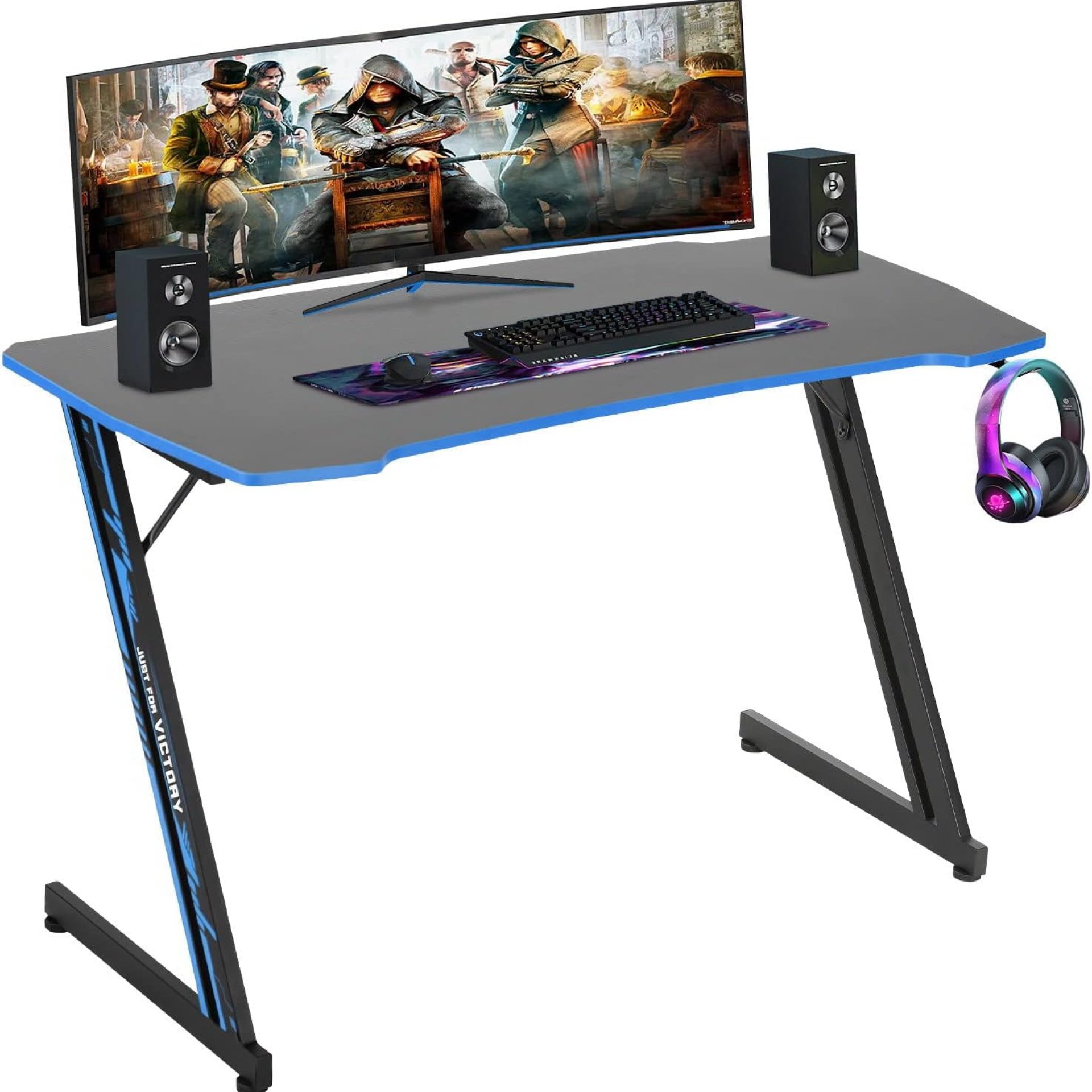 BestOffice Gmaing Desk Z Shaped 47 inch Gaming Workstation Ergonomic Gaming Table PC Computer Desk with Headphone Hook for Game Players, Blue BestOffice Gmaing Desk Z Shaped 47 inch Gaming Workstation Ergonomic Gaming Table PC Computer Desk with Headphone Hook for Game Players, Blue