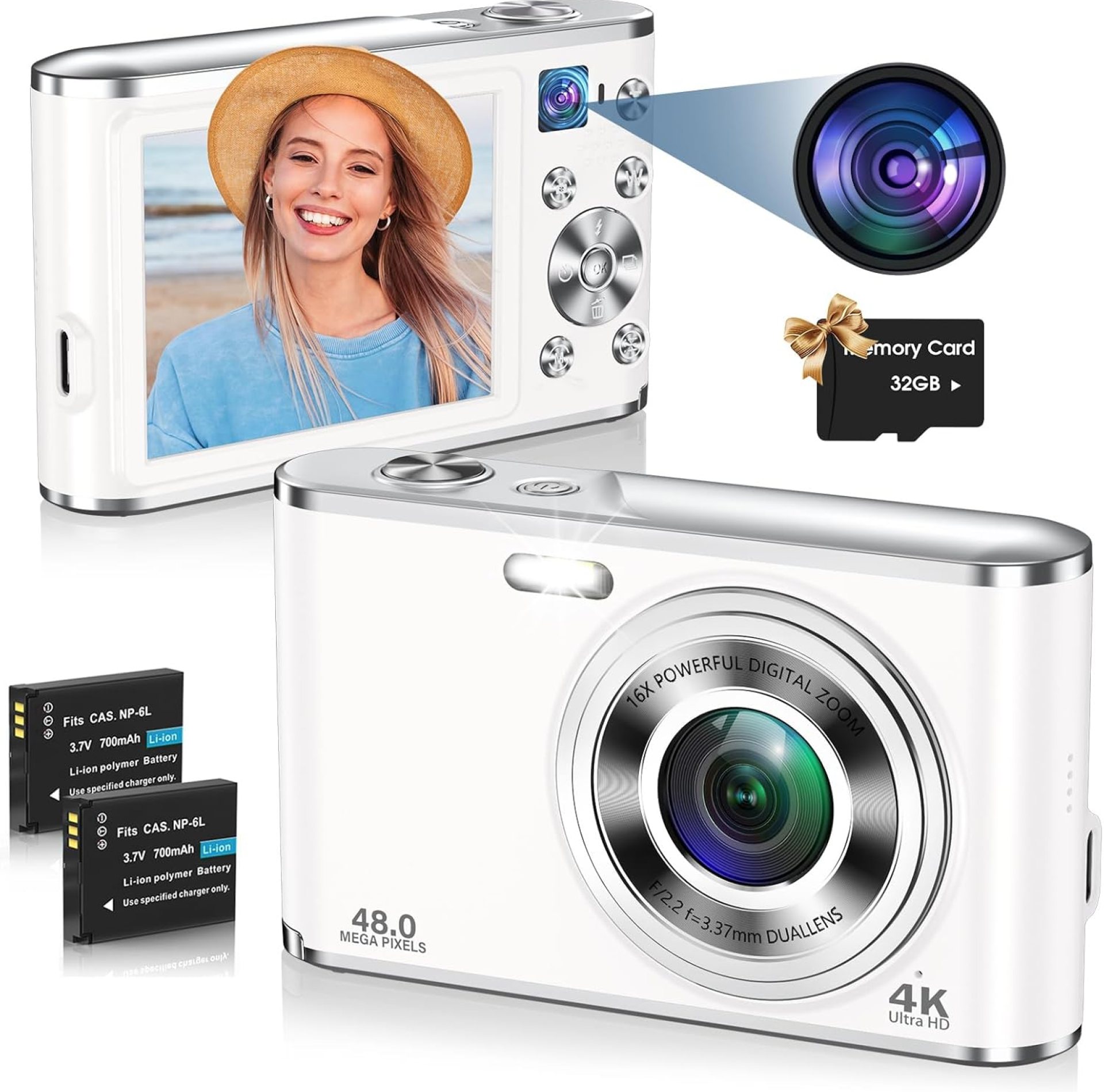 Digital Camera, UHD 4K Digital Camera with Front and Rear Camera, Autofocus 48MP 16X Digital Zoom Vlogging Camera with 32GB Card, 2.8 Inch Screen Compact Photo Shoot Camera for Beginners(White) Digital Camera, UHD 4K Digital Camera with Front and Rear Camera, Autofocus 48MP 16X Digital Zoom Vlogging Camera with 32GB Card, 2.8 Inch Screen Compact Photo Shoot Camera for Beginners(White)