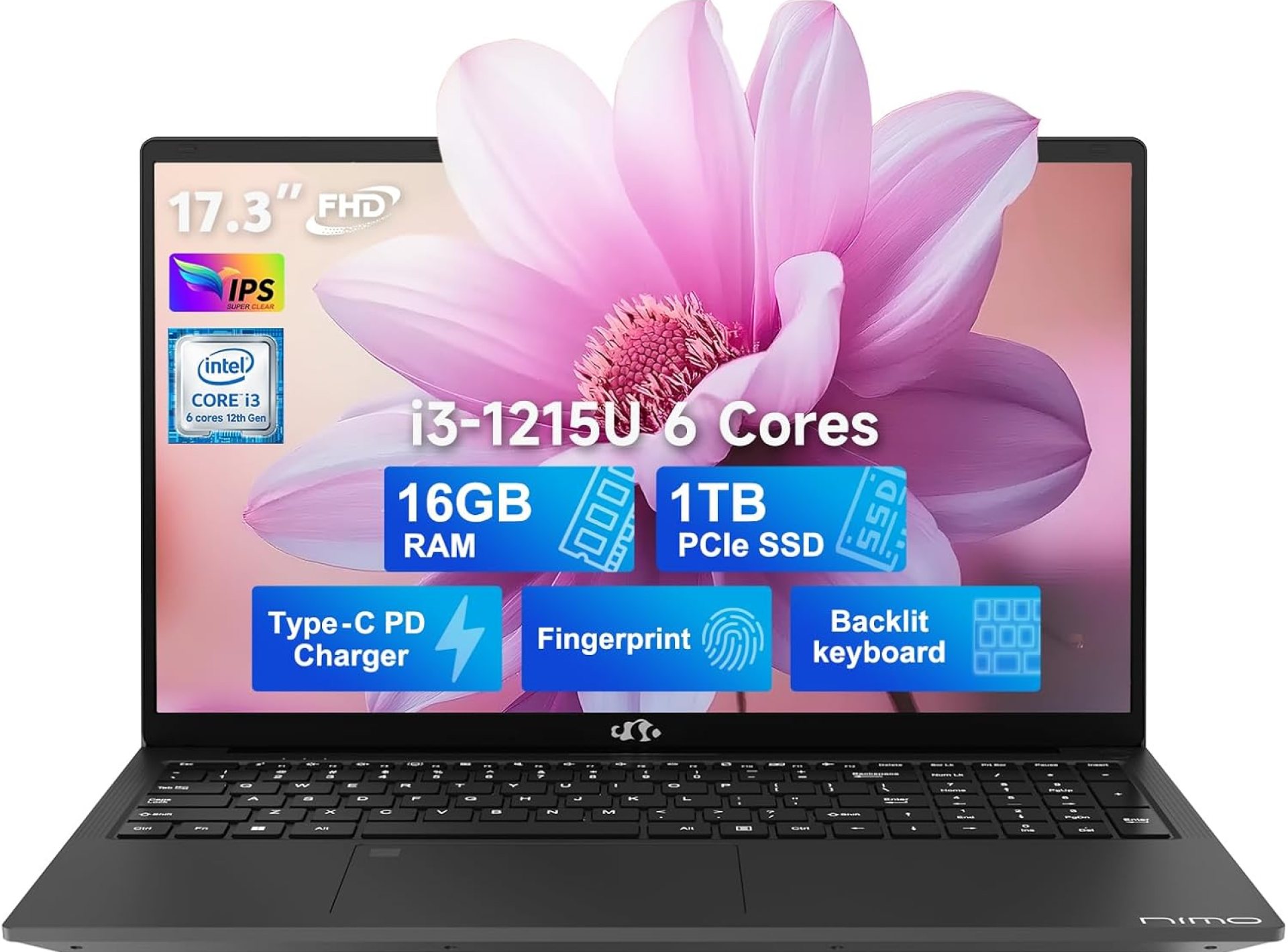 NIMO 17.3 FHD-Laptop,IPS Business Computer, 16GB RAM 1TB SSD 6 cores 12th Intel i3-1215U(up to 3.4 GHz) 65W Type C Laptop-Computer with Backlit Keyboard Fingerprint WiFi6 Win 11 NIMO 17.3 FHD-Laptop,IPS Business Computer, 16GB RAM 1TB SSD 6 cores 12th Intel i3-1215U(up to 3.4 GHz) 65W Type C Laptop-Computer with Backlit Keyboard Fingerprint WiFi6 Win 11