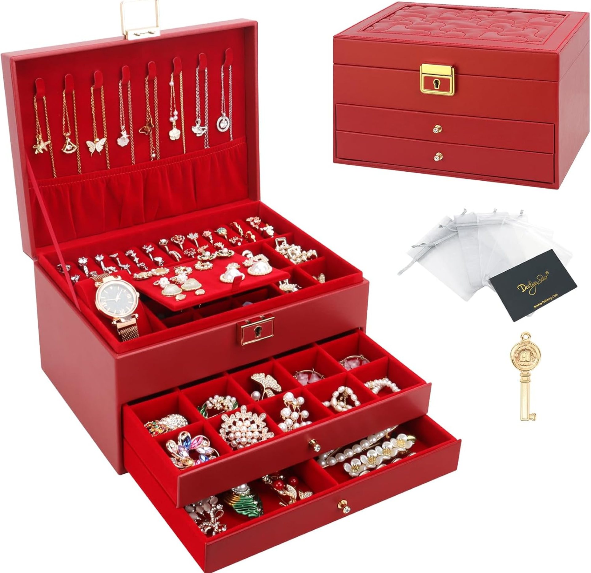 DesignSter Jewelry Box,Jewelry Organizer with 2 Drawers, 3 Layers Leather Jewelry Storage Box with Lock, Jewelry Storage Case for Necklaces Earrings Bracelets and Rings(Red) DesignSter Jewelry Box,Jewelry Organizer with 2 Drawers, 3 Layers Leather Jewelry Storage Box with Lock, Jewelry Storage Case for Necklaces Earrings Bracelets and Rings(Red)