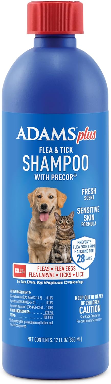 Adams Plus Flea & Tick Shampoo with Precor for Cats, Kittens, Dogs & Puppies Over 12 Weeks Of Age Sensitive Skin Flea Treatment | Kills Adult Fleas, Flea Eggs, Ticks, and Lice| 12 Ounces Adams Plus Flea & Tick Shampoo with Precor for Cats, Kittens, Dogs & Puppies Over 12 Weeks Of Age Sensitive Skin Flea Treatment | Kills Adult Fleas, Flea Eggs, Ticks, and Lice| 12 Ounces