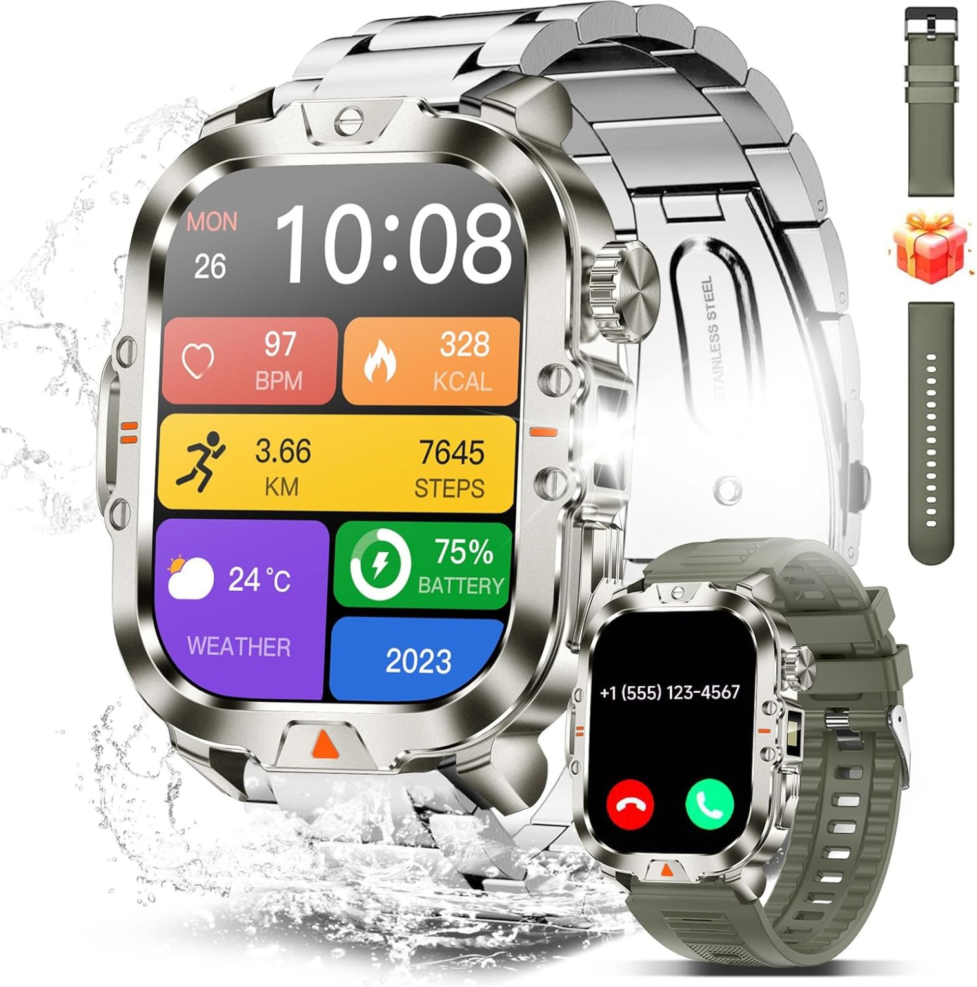 Smart Watch for Men Military Answer/Make Call 2.01″ Display 170+ Sports Modes Fitness Smart Watch IP68 Waterproof 30 Days Standby Smartwatch for Android iOS Silver (2 Straps) Smart Watch for Men Military Answer/Make Call 2.01″ Display 170+ Sports Modes Fitness Smart Watch IP68 Waterproof 30 Days Standby Smartwatch for Android iOS Silver (2 Straps)