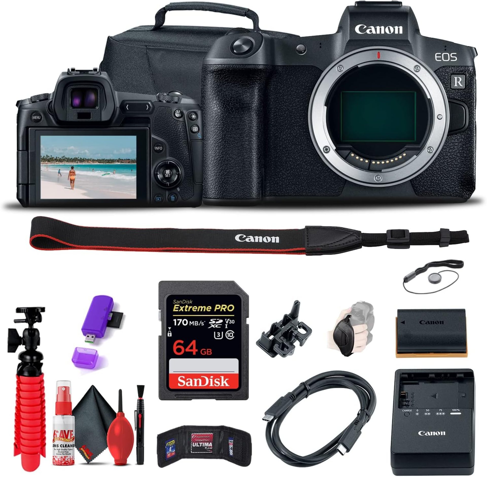 Canon EOS R Mirrorless Digital Camera Body Only (3075C002), 64GB Card, Case, Card Reader, Flex Tripod, Hand Strap, Cap Keeper, Memory Wallet, Cleaning Kit (Renewed) Canon EOS R Mirrorless Digital Camera Body Only (3075C002), 64GB Card, Case, Card Reader, Flex Tripod, Hand Strap, Cap Keeper, Memory Wallet, Cleaning Kit (Renewed)