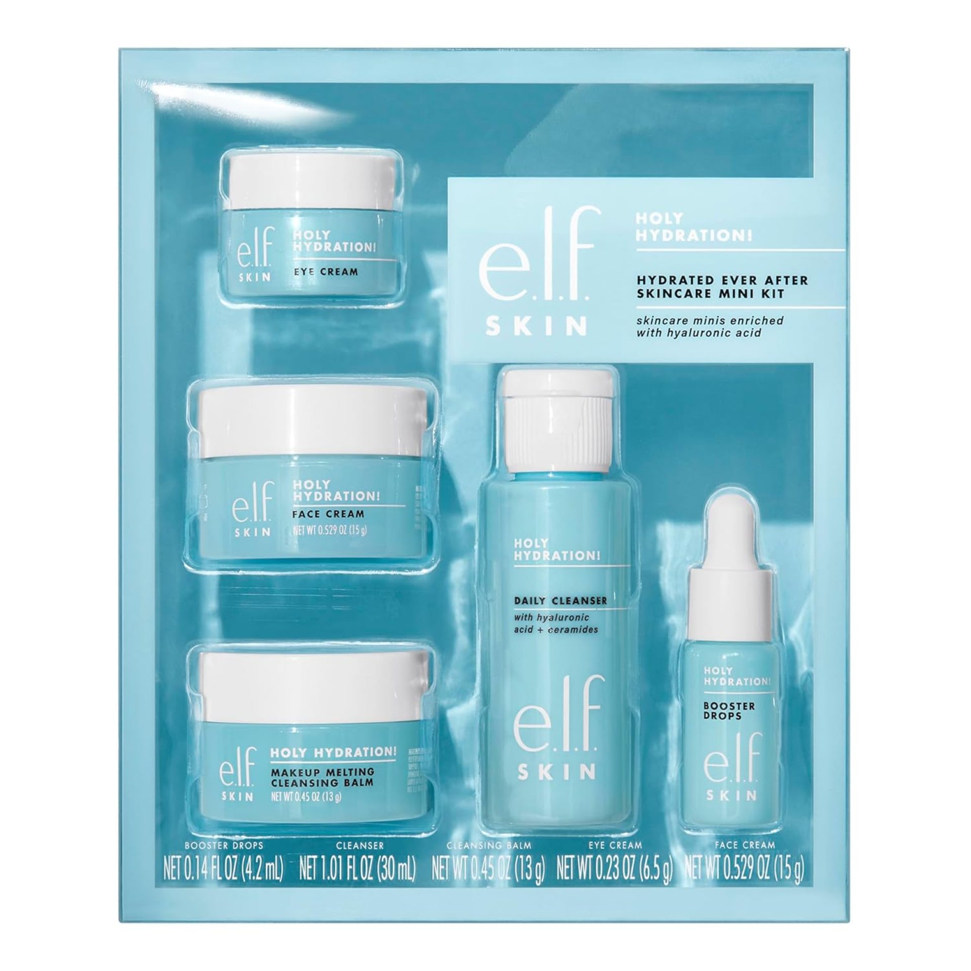 e.l.f. SKIN Holy Hydration! Hydrated Ever After Skincare Mini Kit, Cleanser, Makeup Remover, Moisturiser & Eye Cream For Hydrating Skin, Airplane-Friendly Sizes e.l.f. SKIN Holy Hydration! Hydrated Ever After Skincare Mini Kit, Cleanser, Makeup Remover, Moisturiser & Eye Cream For Hydrating Skin, Airplane-Friendly Sizes