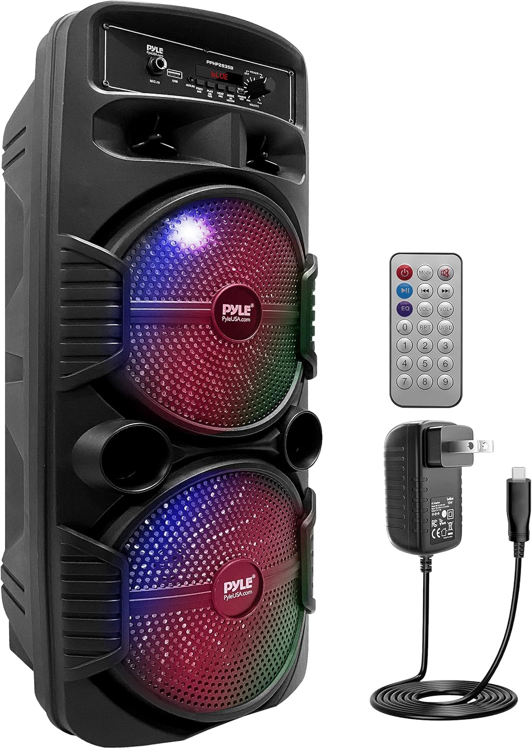 Pyle Portable Bluetooth PA Speaker System – 600W Rechargeable Outdoor Bluetooth Speaker Portable PA System w/ Dual 8” Subwoofer 1” Tweeter, Microphone In, Party Lights, USB, Radio, Remote – PPHP2835B Pyle Portable Bluetooth PA Speaker System – 600W Rechargeable Outdoor Bluetooth Speaker Portable PA System w/ Dual 8” Subwoofer 1” Tweeter, Microphone In, Party Lights, USB, Radio, Remote – PPHP2835B