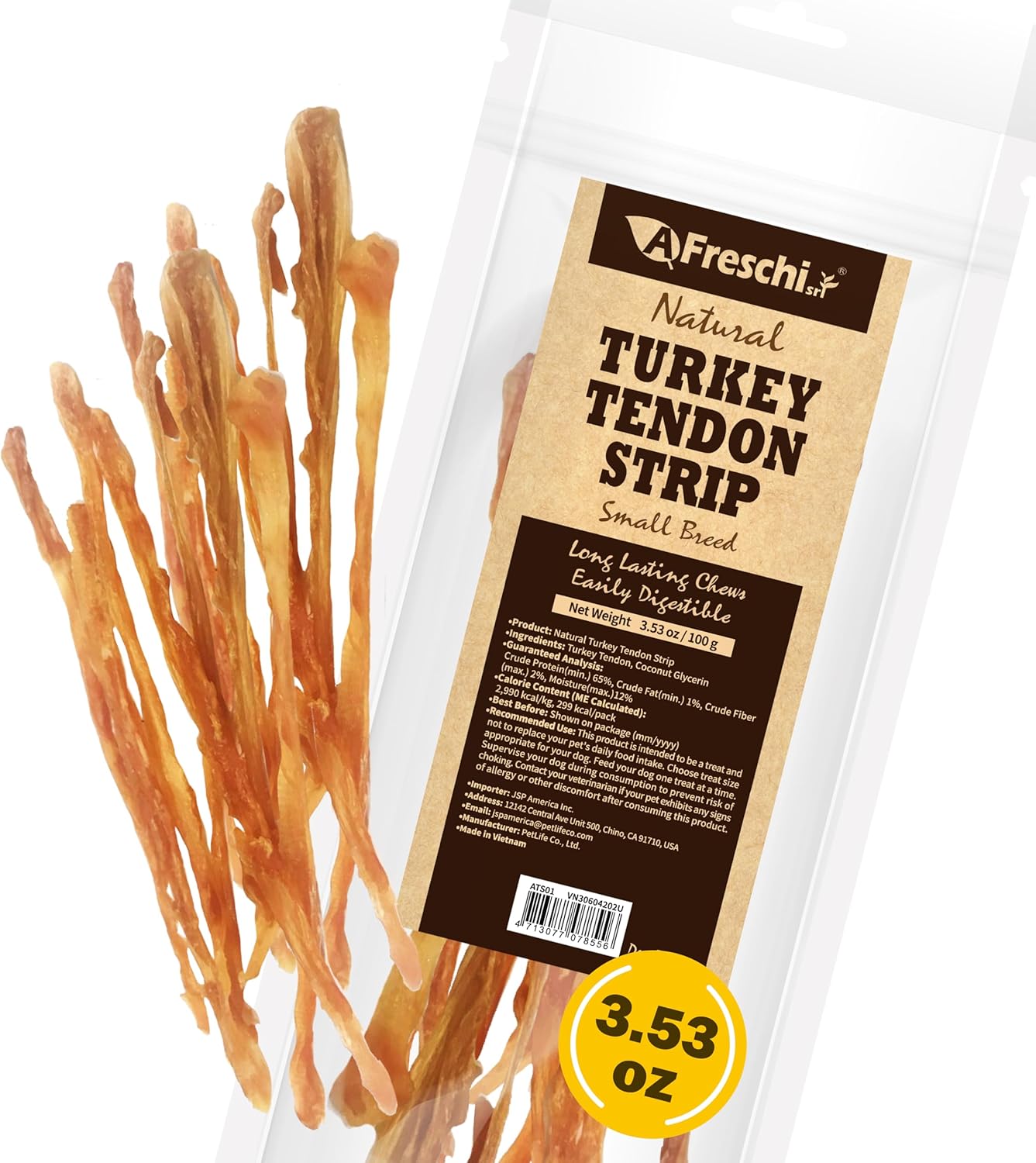 Afreschi Turkey Tendon Dog Treats, Strip 3.53 oz a Pack, USA Sourced Turkey, All Natural Human Grade Puppy Chew, Hypoallergenic, Rawhide Alternative, for Small Breeds Afreschi Turkey Tendon Dog Treats, Strip 3.53 oz a Pack, USA Sourced Turkey, All Natural Human Grade Puppy Chew, Hypoallergenic, Rawhide Alternative, for Small Breeds