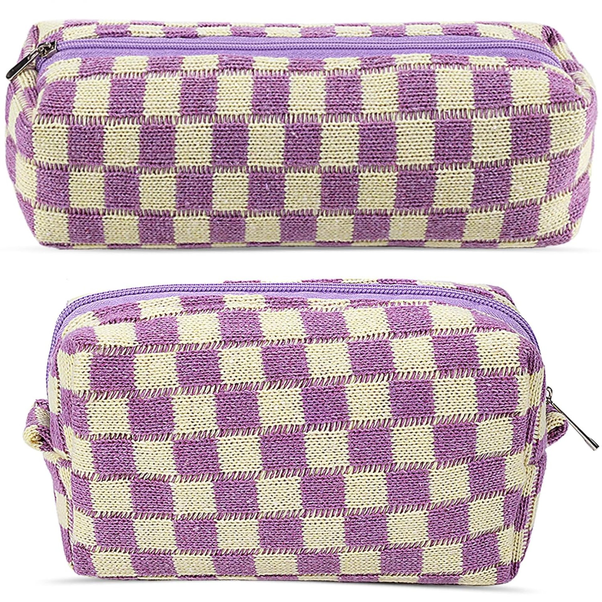 Cute Checkered Makeup Pouch Set for Women – Travel Cosmetic Bag – Zippered Toiletry Organizer (Purple) Cute Checkered Makeup Pouch Set for Women – Travel Cosmetic Bag – Zippered Toiletry Organizer (Purple)