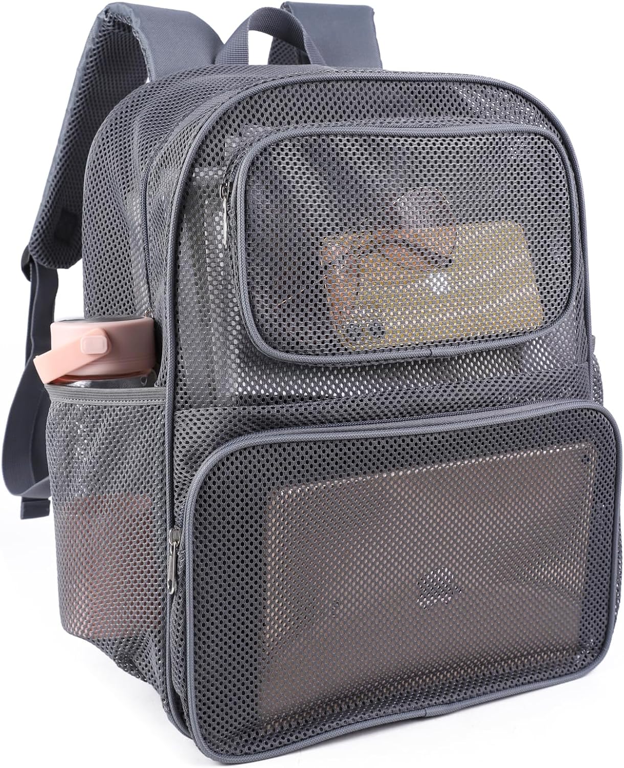 COVAX Large Mesh Backpack, Semi-transparent College Backpack, See Through Mesh Backpack with Bungee and Comfort Padded Straps for Travel, Swimming, Beach, Outdoor Sports (Grey) COVAX Large Mesh Backpack, Semi-transparent College Backpack, See Through Mesh Backpack with Bungee and Comfort Padded Straps for Travel, Swimming, Beach, Outdoor Sports (Grey)