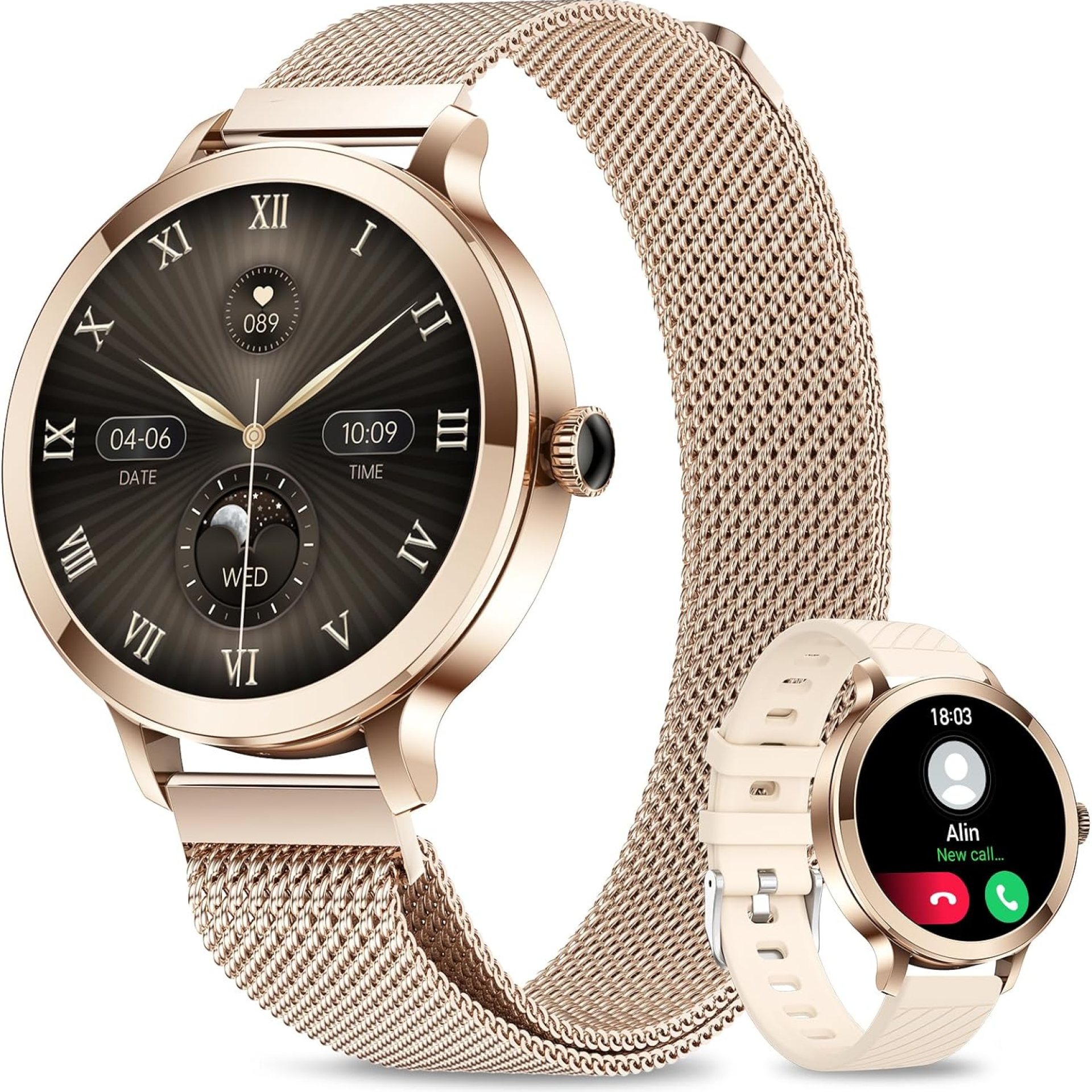 Smart Watches for Women, 1.106″ AMOLED Small Screen Smartwatch Answer/Make Call for Android iOS Phones, IP68 Waterproof Fitness Activity Tracker with 100+ Sports, Heart Rate, SpO2, Rose Gold Smart Watches for Women, 1.106″ AMOLED Small Screen Smartwatch Answer/Make Call for Android iOS Phones, IP68 Waterproof Fitness Activity Tracker with 100+ Sports, Heart Rate, SpO2, Rose Gold