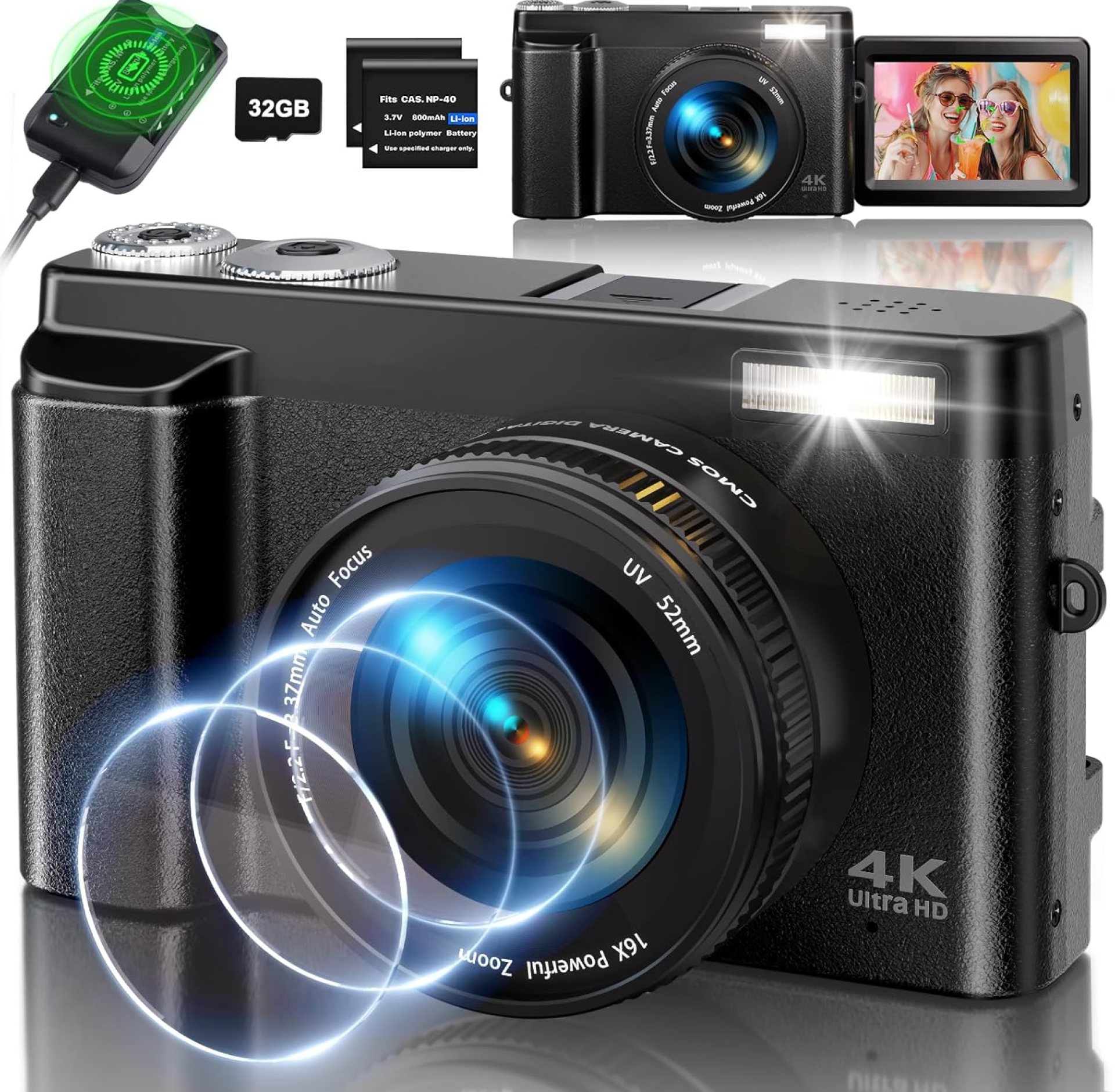 4K Digital Camera for Photography, 48MP Auto-Focus Vlogging Camera for YouTube with SD Card, 16X Digital Zoom Compact Camera with 3″ 180° Flip Screen/Anti Shake/Flash, 2 Batteries & Battery Charger 4K Digital Camera for Photography, 48MP Auto-Focus Vlogging Camera for YouTube with SD Card, 16X Digital Zoom Compact Camera with 3″ 180° Flip Screen/Anti Shake/Flash, 2 Batteries & Battery Charger